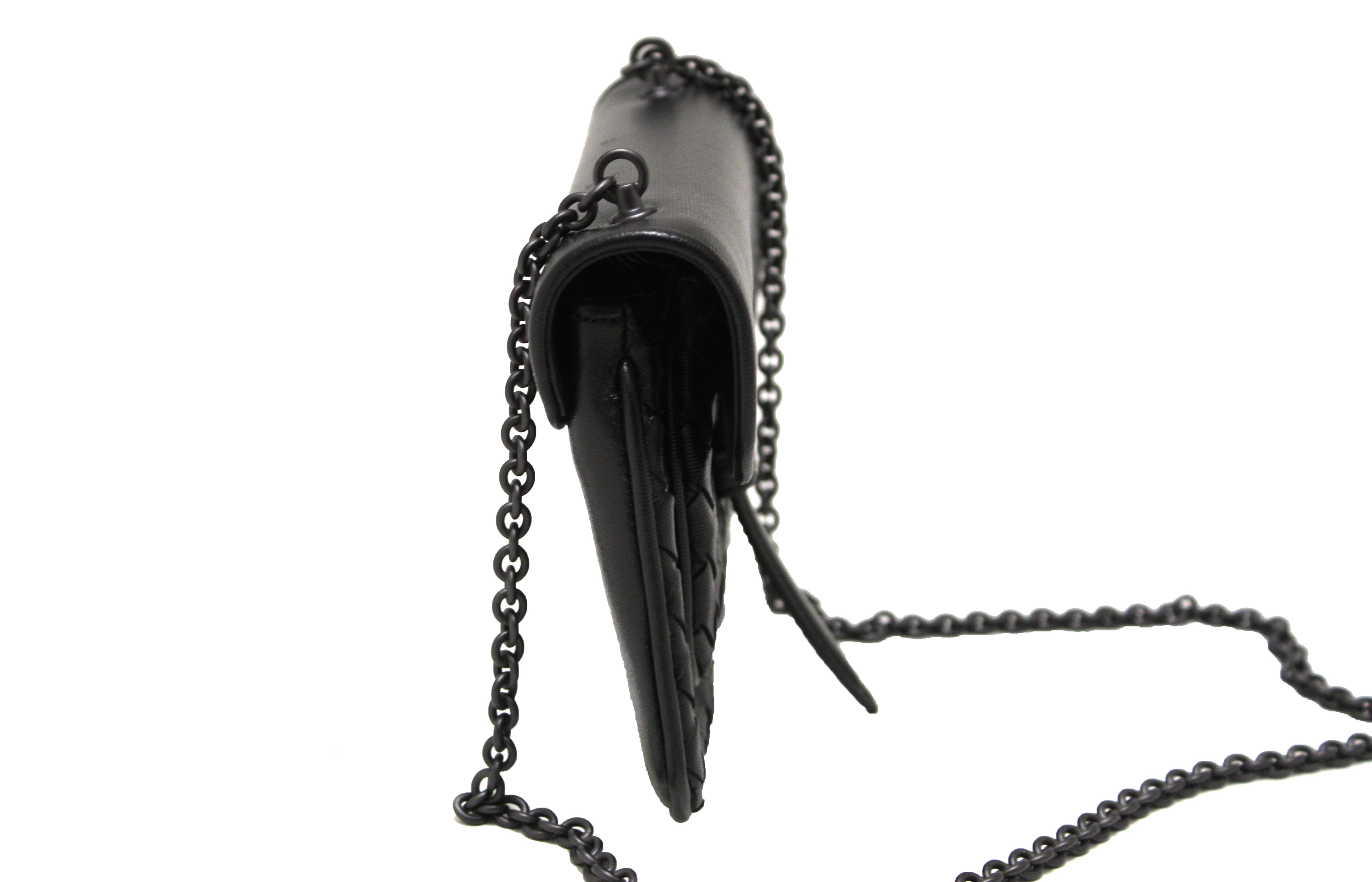 Authentic Bottega Veneta Black Intrecciato Leather Mini Flap Chain Crossbody Bag