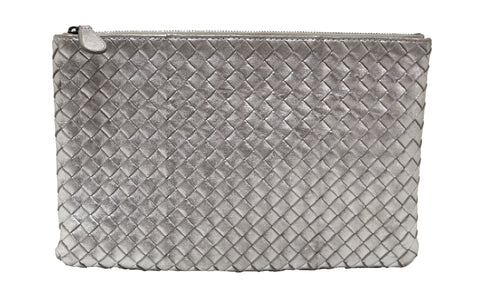 Authentic Bottega Veneta Intrecciato Woven Metallic Shiny Napa Pouch Bag