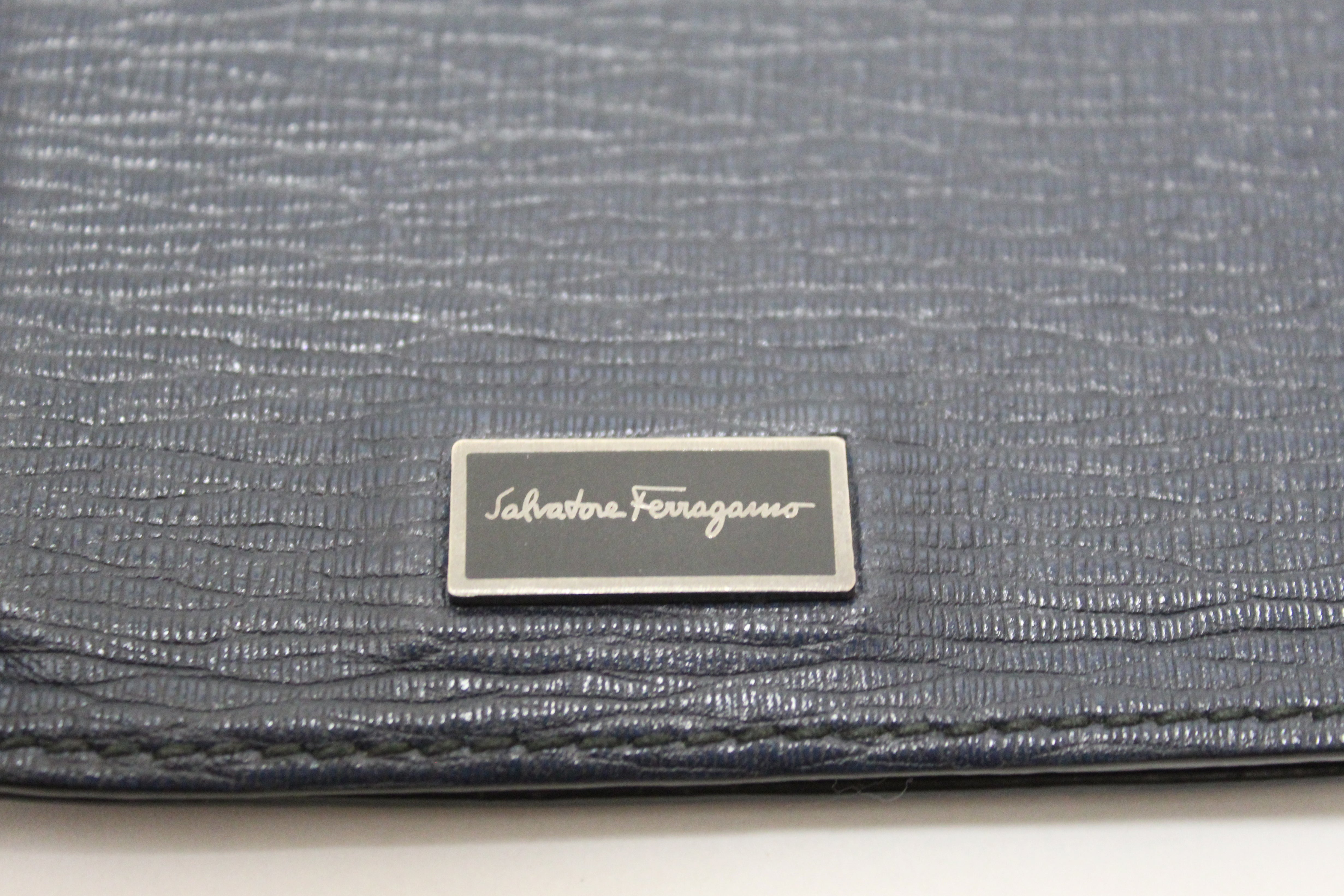 Authentic Salvatore Ferragamo Navy Leather Card Holder