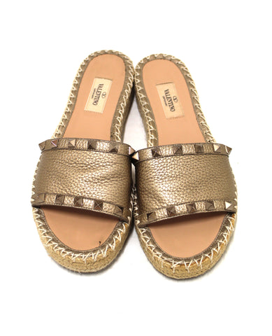 Authentic Valentino Metallic Gold Rockstud Espadrilles Flat Slide Sandal Shoes 37