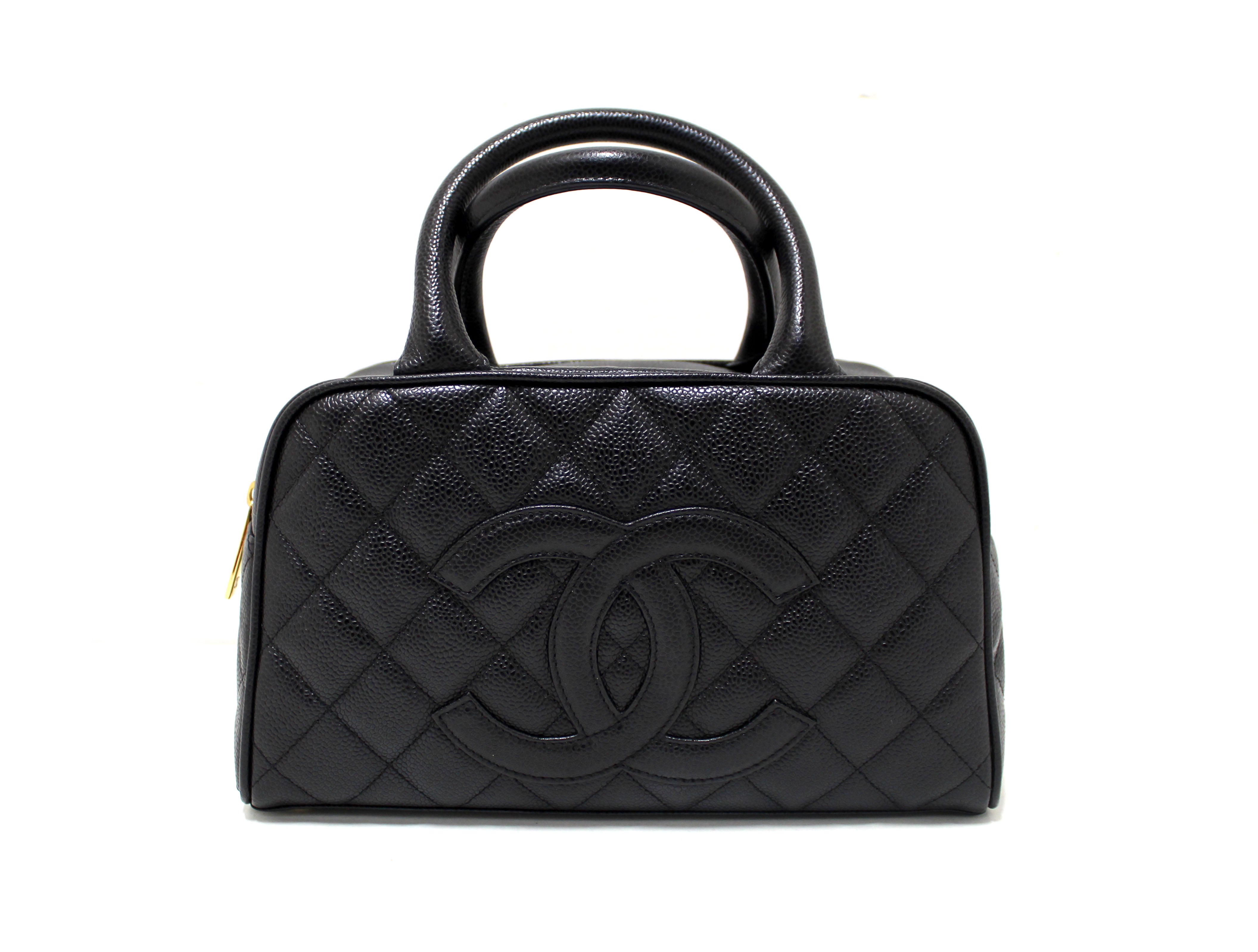 Authentic Chanel Black Caviar Quilted Leather Small Bowler Handbag