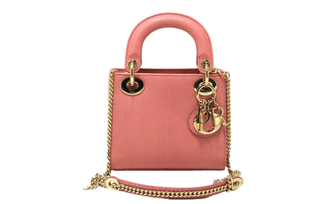 Authentic Christian Dior Pink Lizard Leather Mini Lady Dior Bag