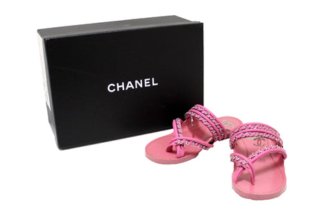 Authentic Chanel Pink Calfskin Leather Chain CC Thong Flat Sandals Size 35C