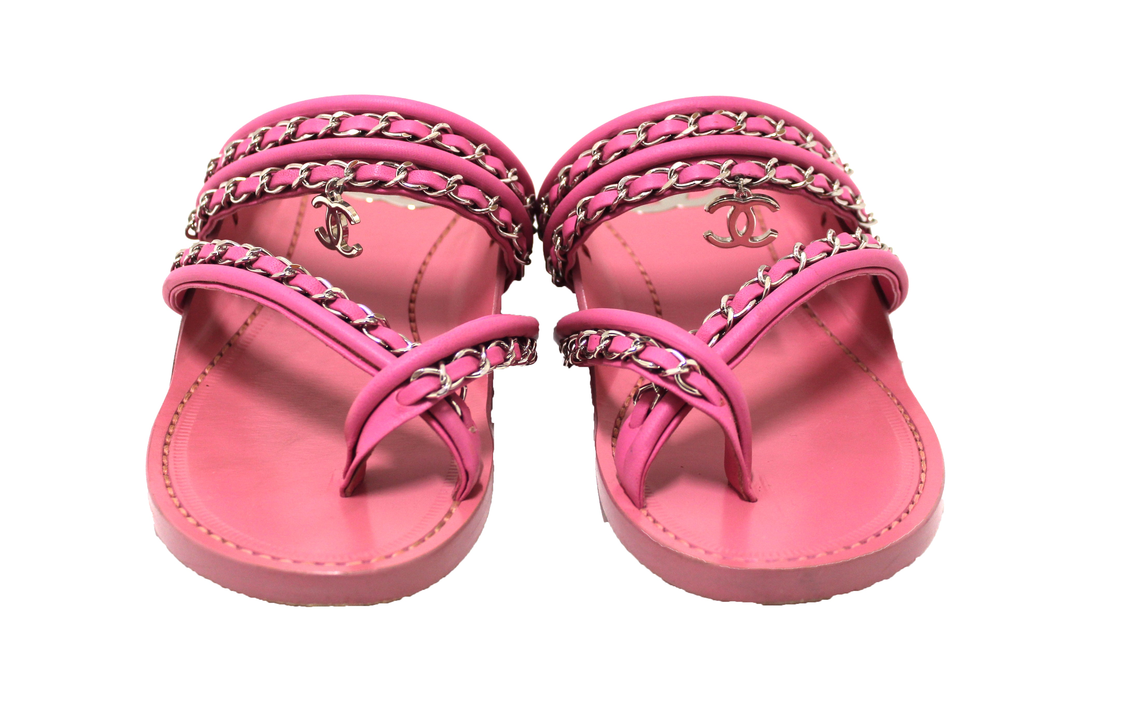 Authentic Chanel Pink Calfskin Leather Chain CC Thong Flat Sandals Size 35C