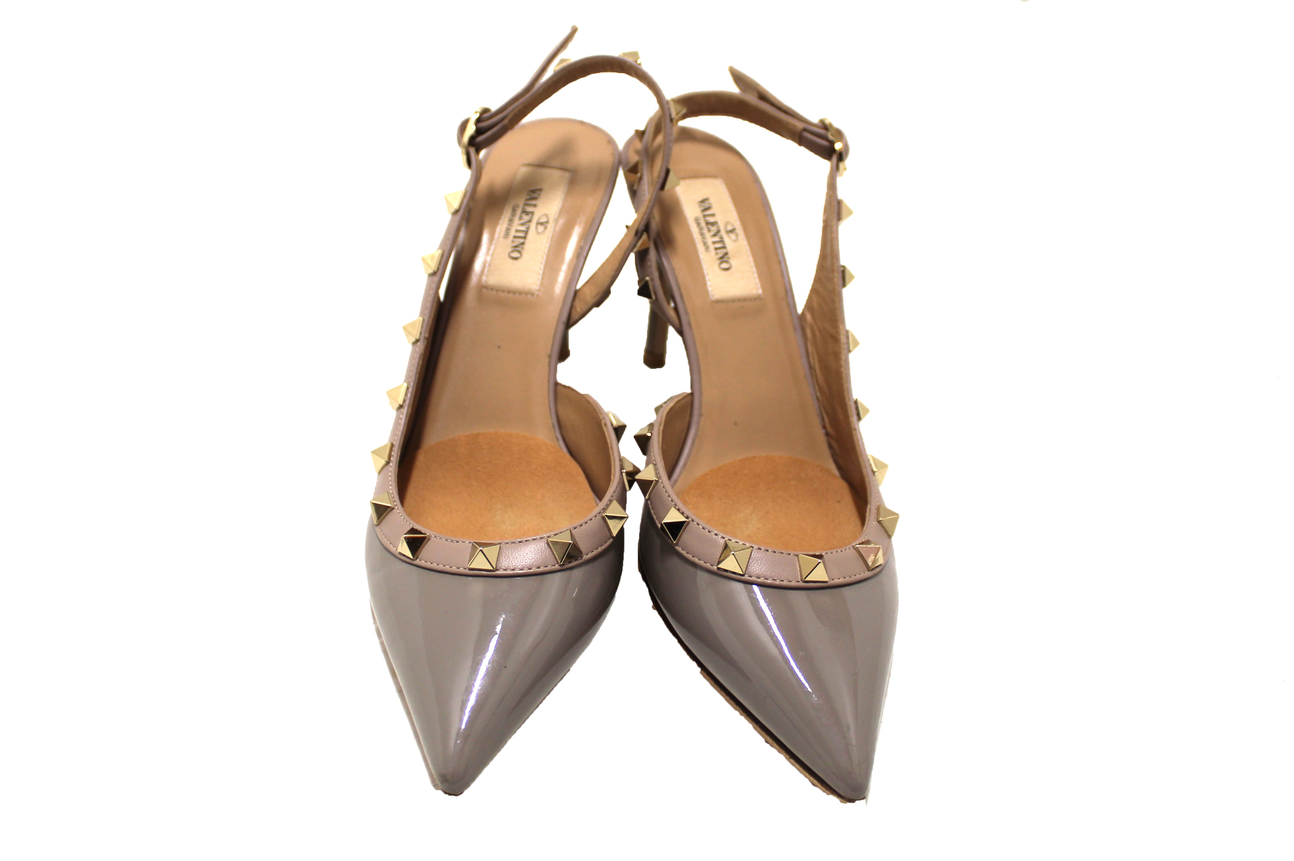 Authentic Valentino Garavani Grey Patent Leather Rockstud Slingback Pump 85mm Size 37