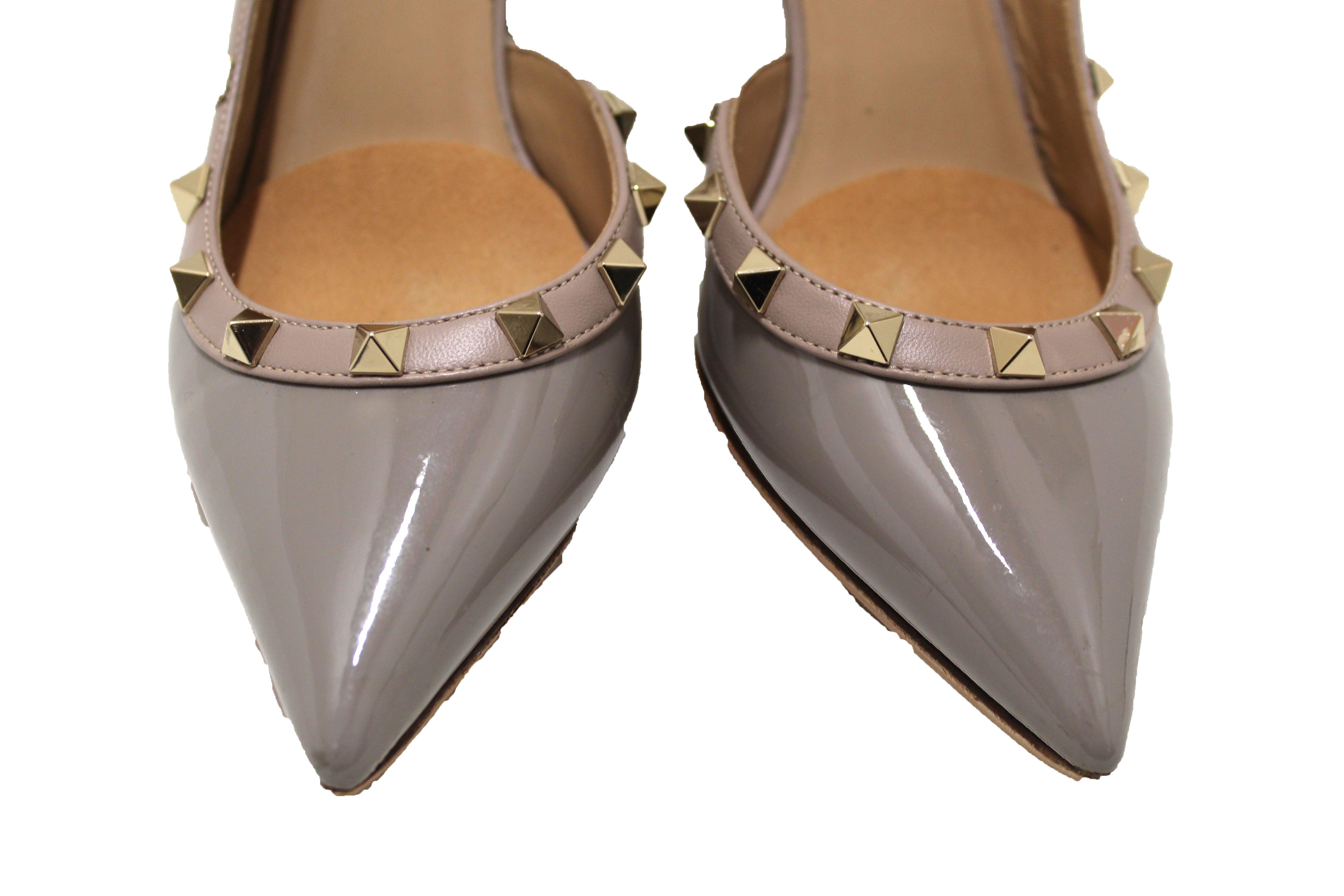 Authentic Valentino Garavani Grey Patent Leather Rockstud Slingback Pump 85mm Size 37