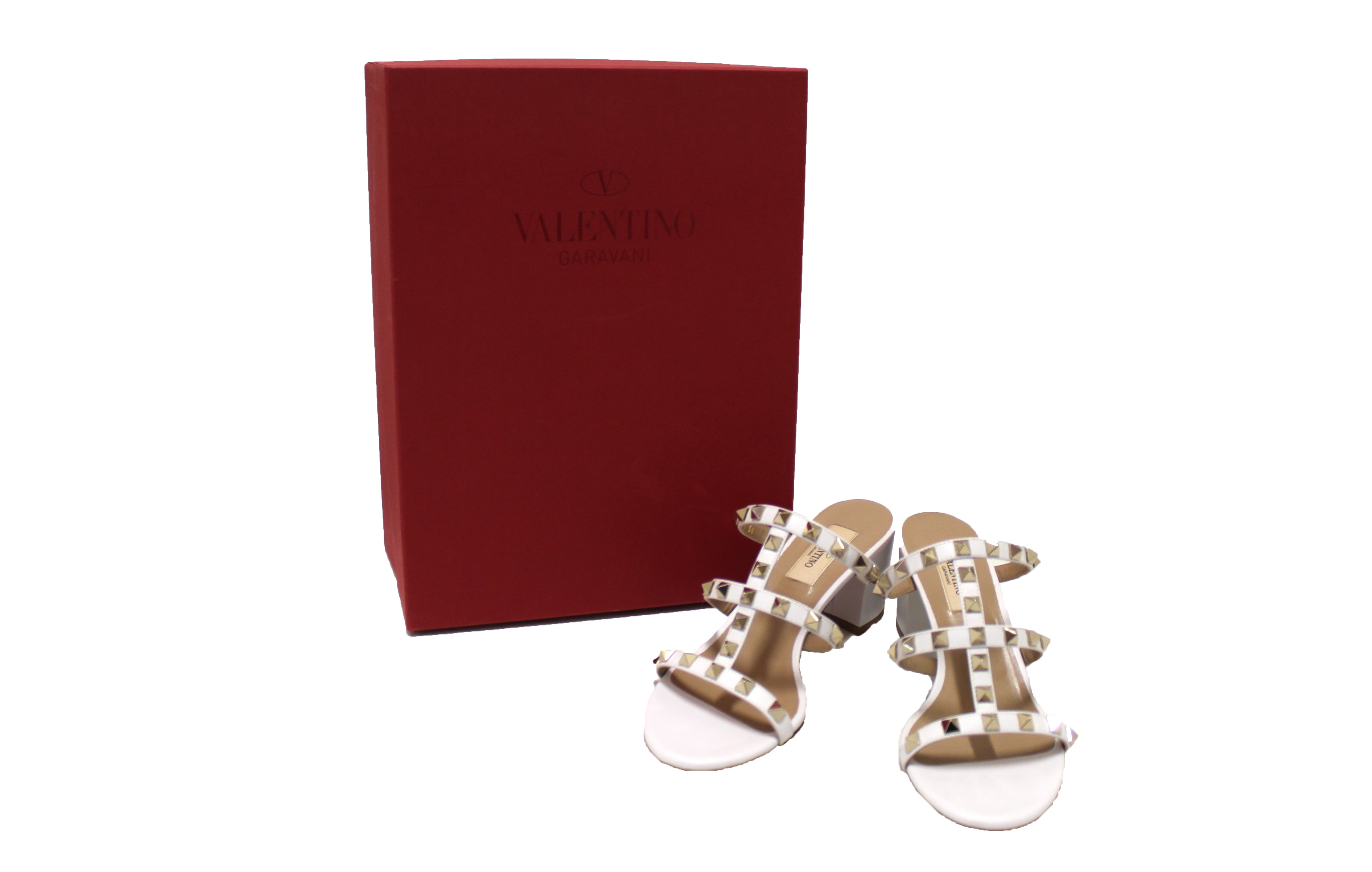 Authentic Valentino White Calfskin Leather Rockstud Slide Sandal 60mm Size 36