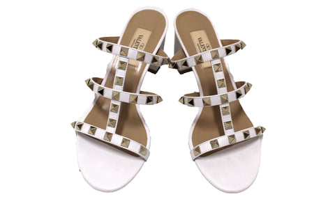 Authentic Valentino White Calfskin Leather Rockstud Slide Sandal 60mm Size 36