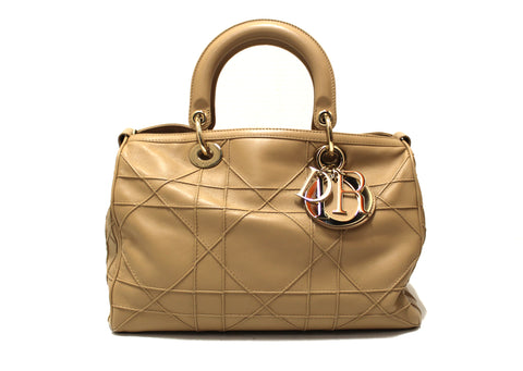 Authentic Christian Dior Large Quilted Camel Cannage Granville Polochon Satchel Hand Bag