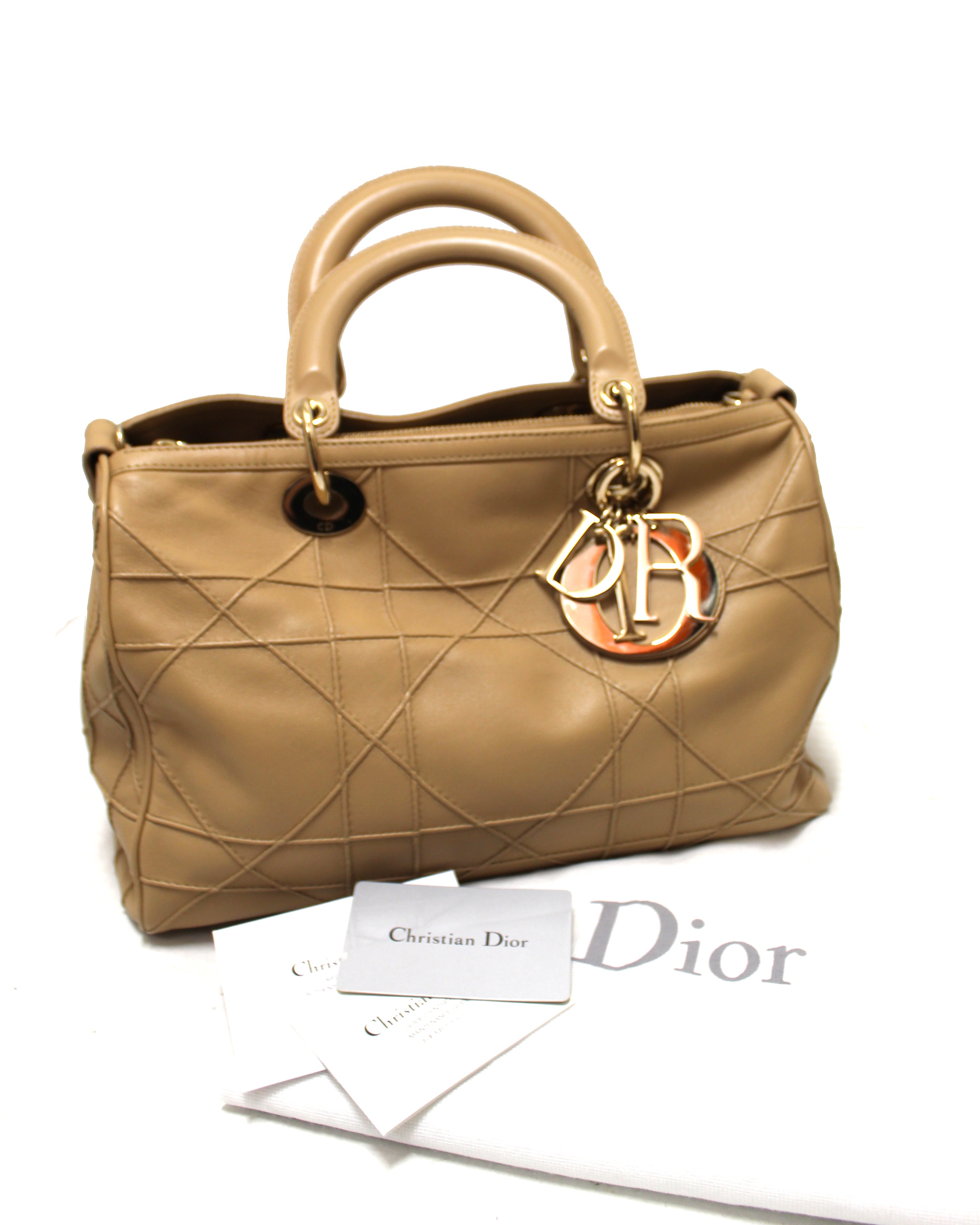 Authentic Christian Dior Large Quilted Camel Cannage Granville Polochon Satchel Hand Bag