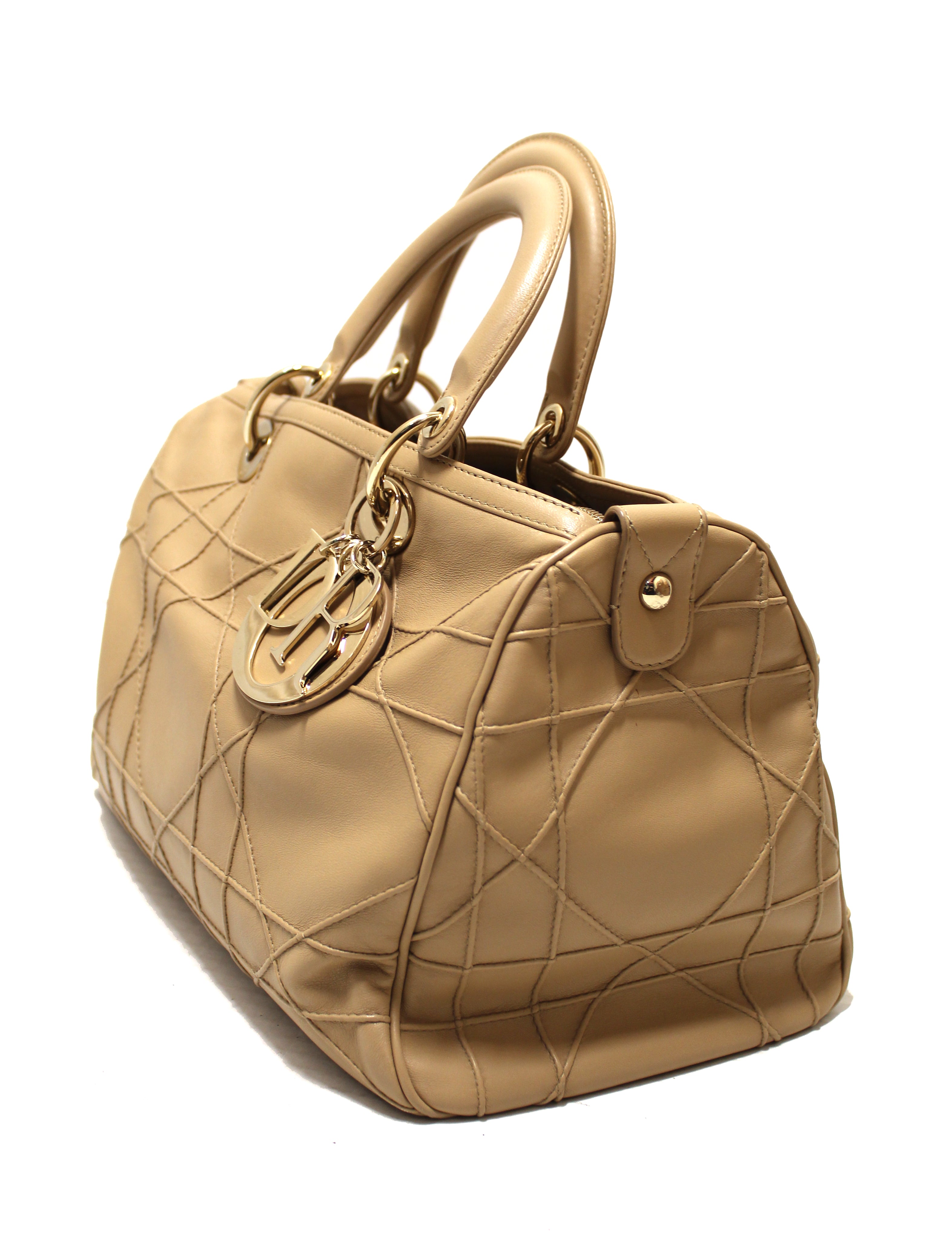 Authentic Christian Dior Large Quilted Camel Cannage Granville Polochon Satchel Hand Bag
