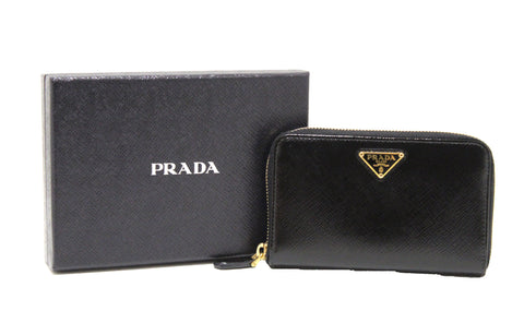 Authentic Prada Black Patent Saffiano Leather Zip Around Wallet