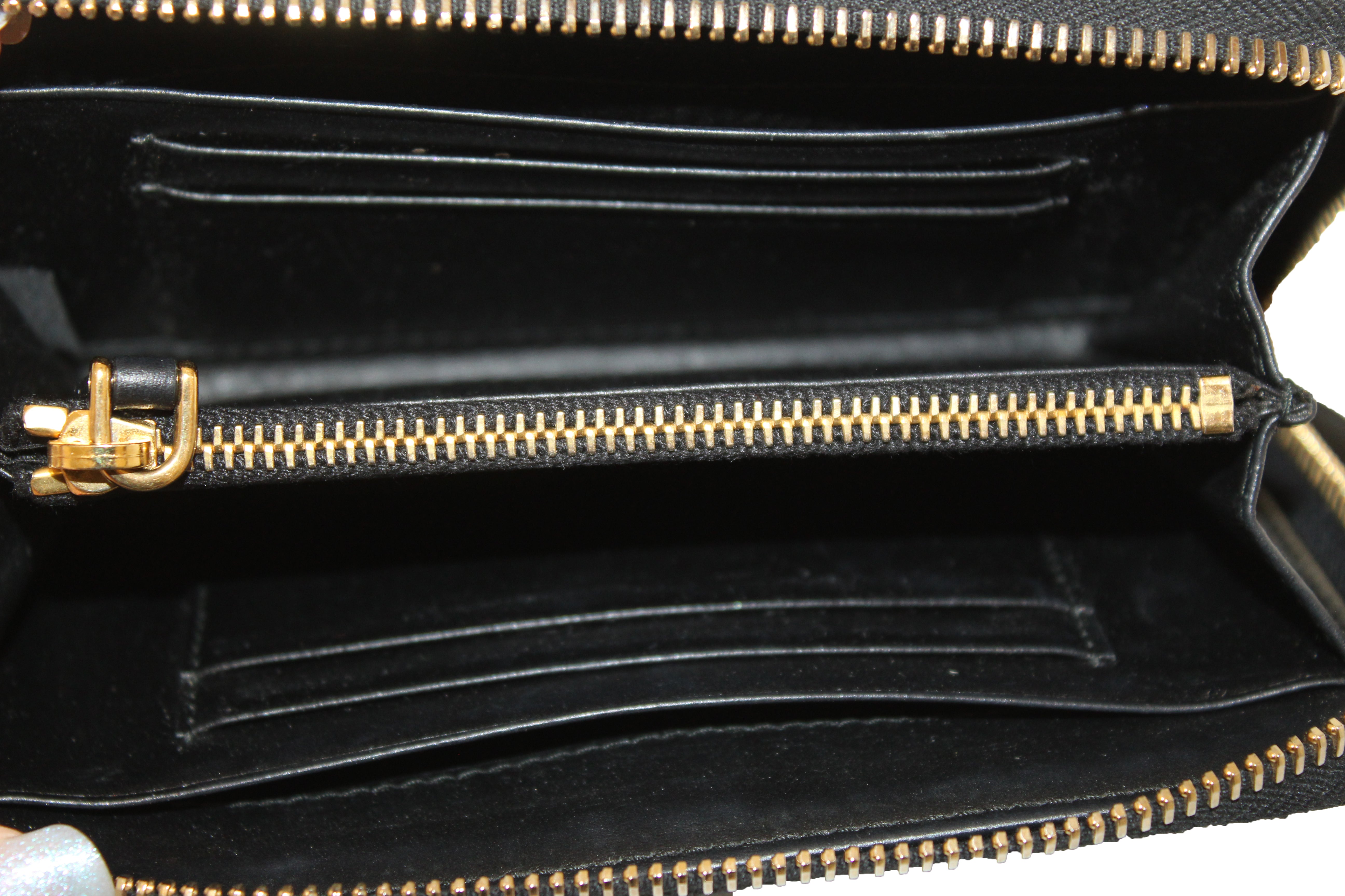Authentic Prada Black Patent Saffiano Leather Zip Around Wallet