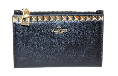 Authentic Valentino Black Leather Rockstuds Coin Purse/ Card Case