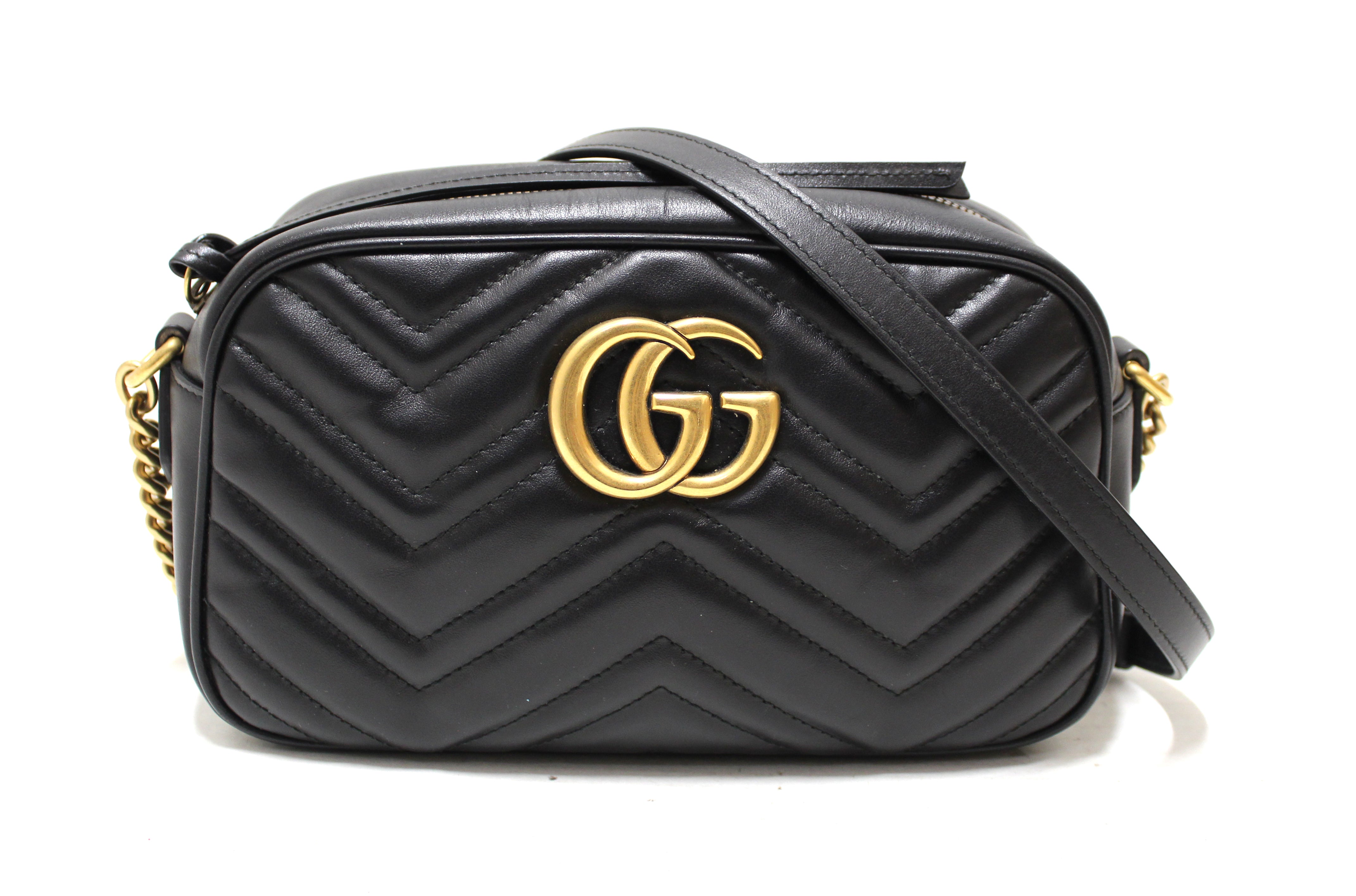Authentic Gucci Black Marmont Matelasse Leather Camera Crossbody Bag