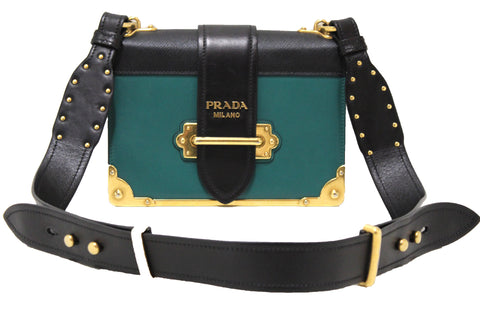 Authentic Prada Emerald Green/Black Leather Cahier Bag