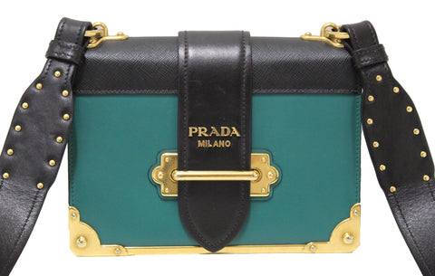 Authentic Prada Emerald Green/Black Leather Cahier Bag