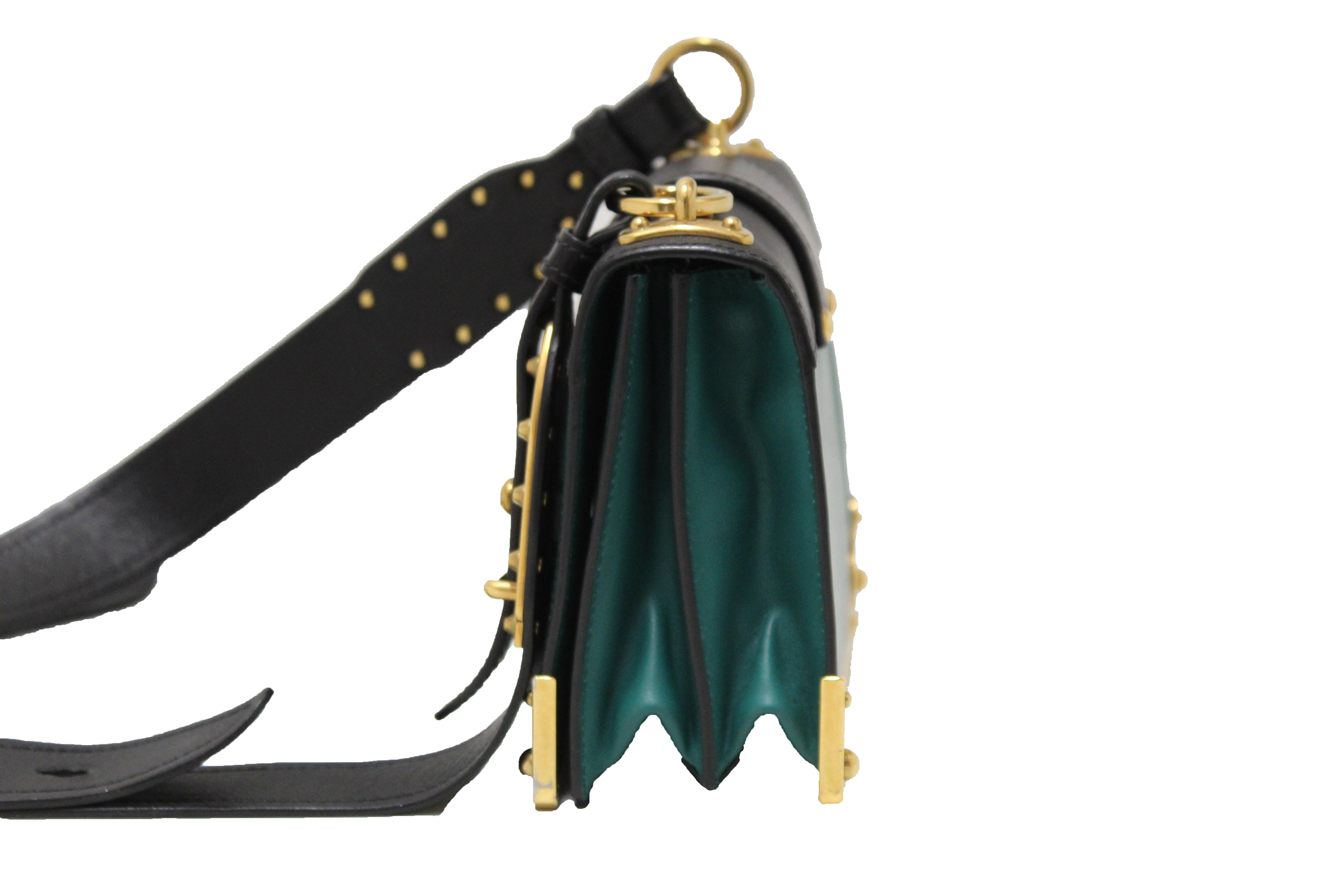 Prada Emerald Green/Black Leather & Saffiano Leather Cahier Chain Clutch  Prada