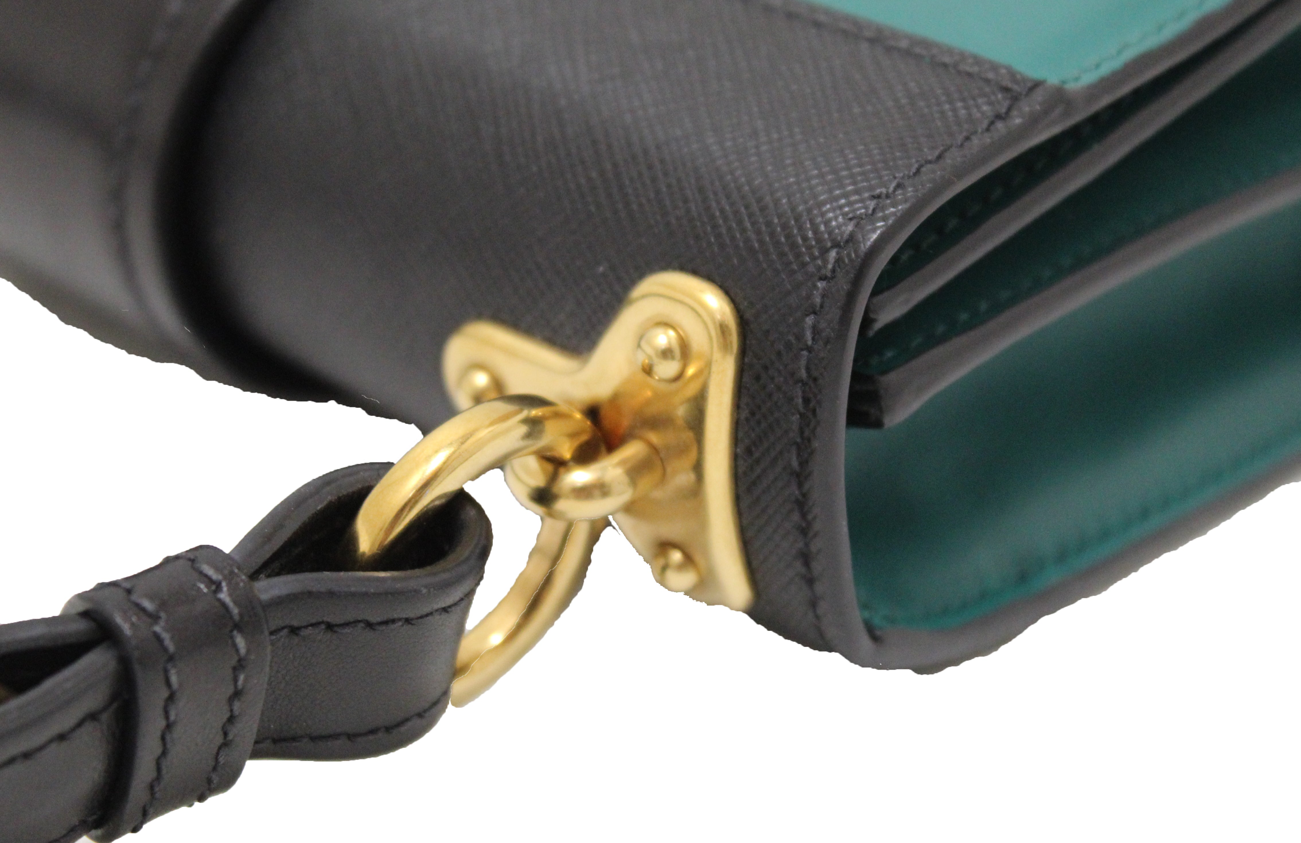 Prada Emerald Green/Black Leather & Saffiano Leather Cahier Chain