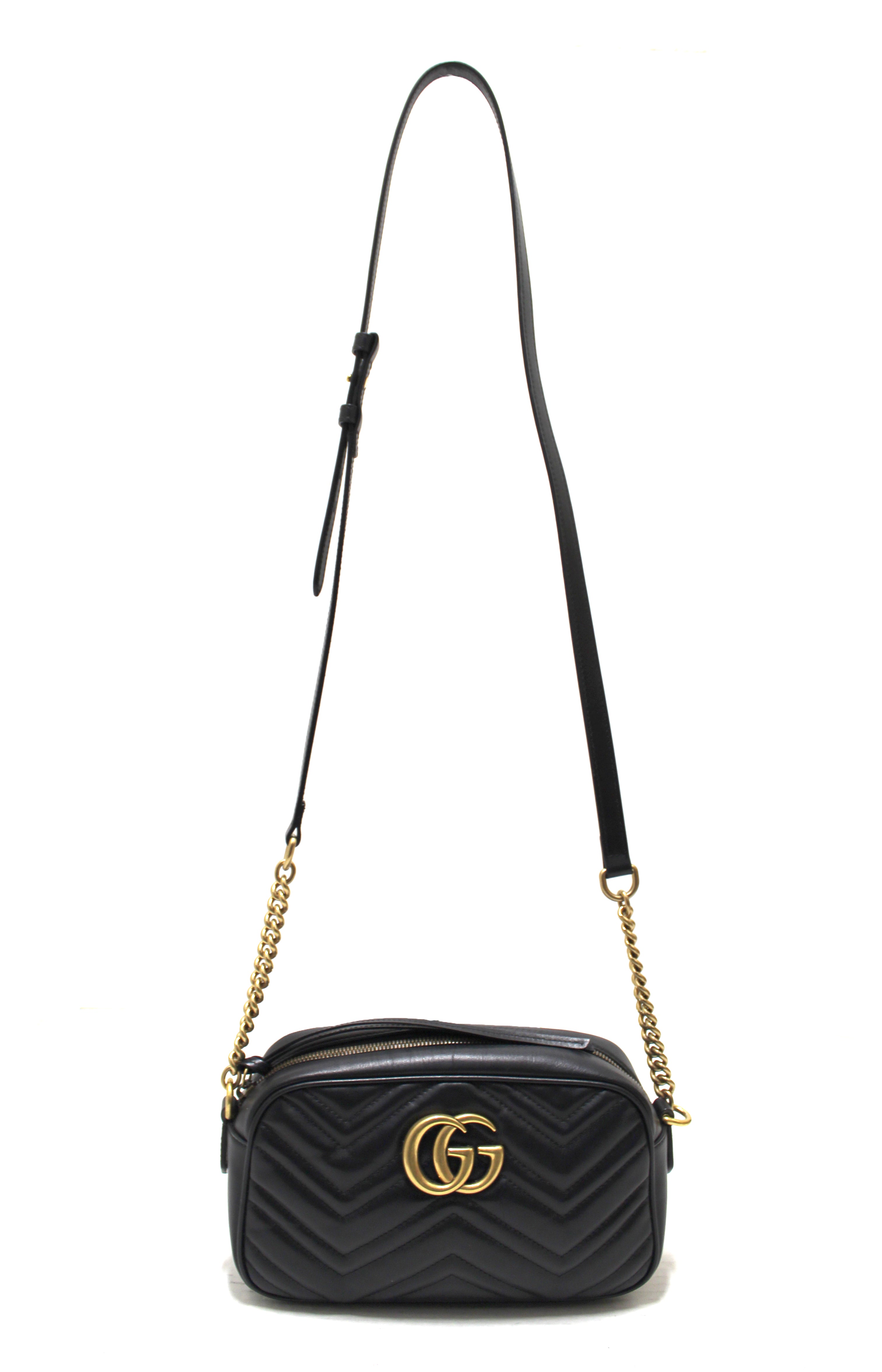 Authentic Gucci Black Marmont Matelasse Leather Camera Crossbody Bag