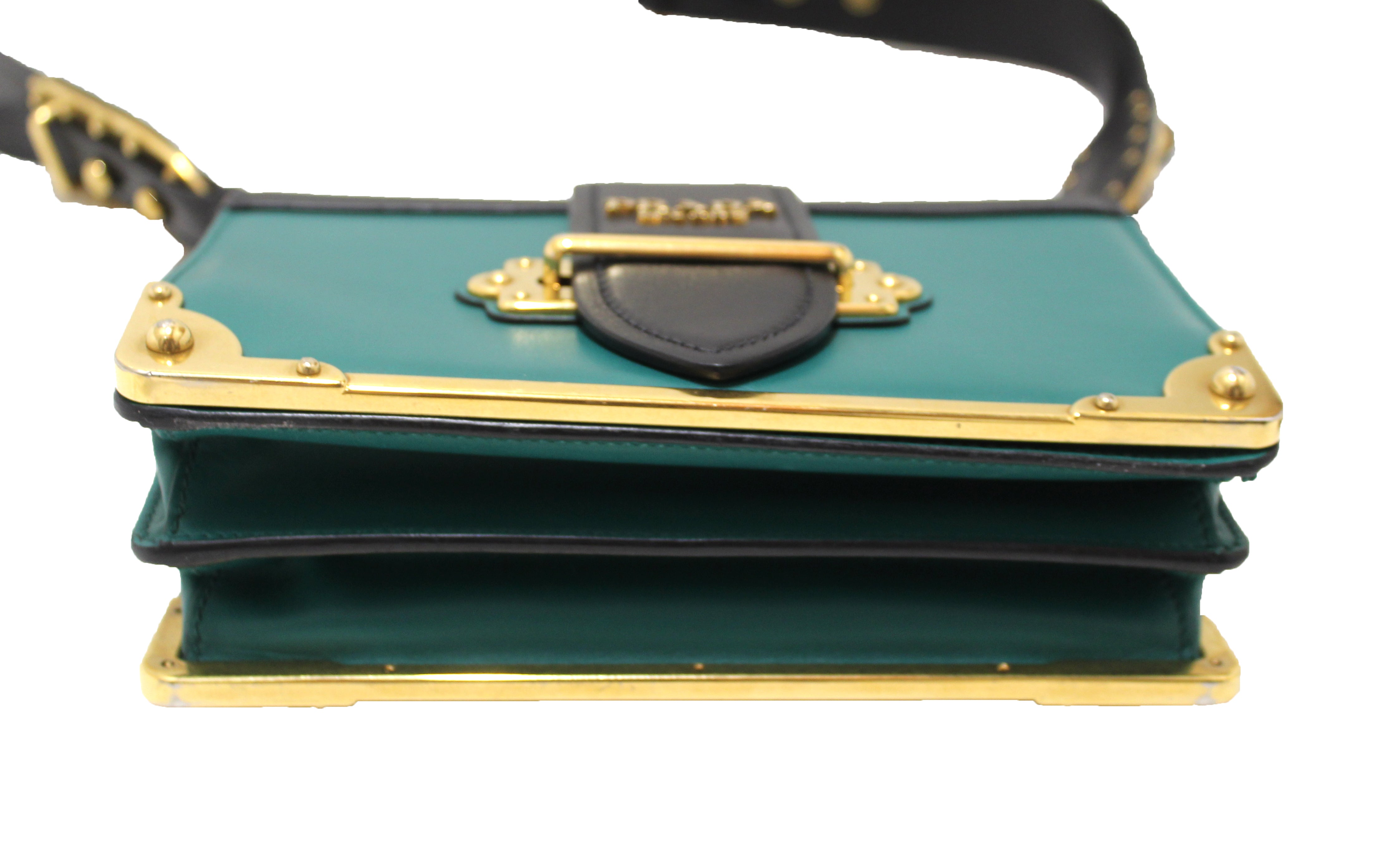 Authentic Prada Emerald Green/Black Leather Cahier Bag