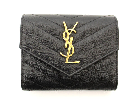 Authentic Yves Saint Laurent Black Monogram Small Grain de Poudre Tri-Fold Wallet