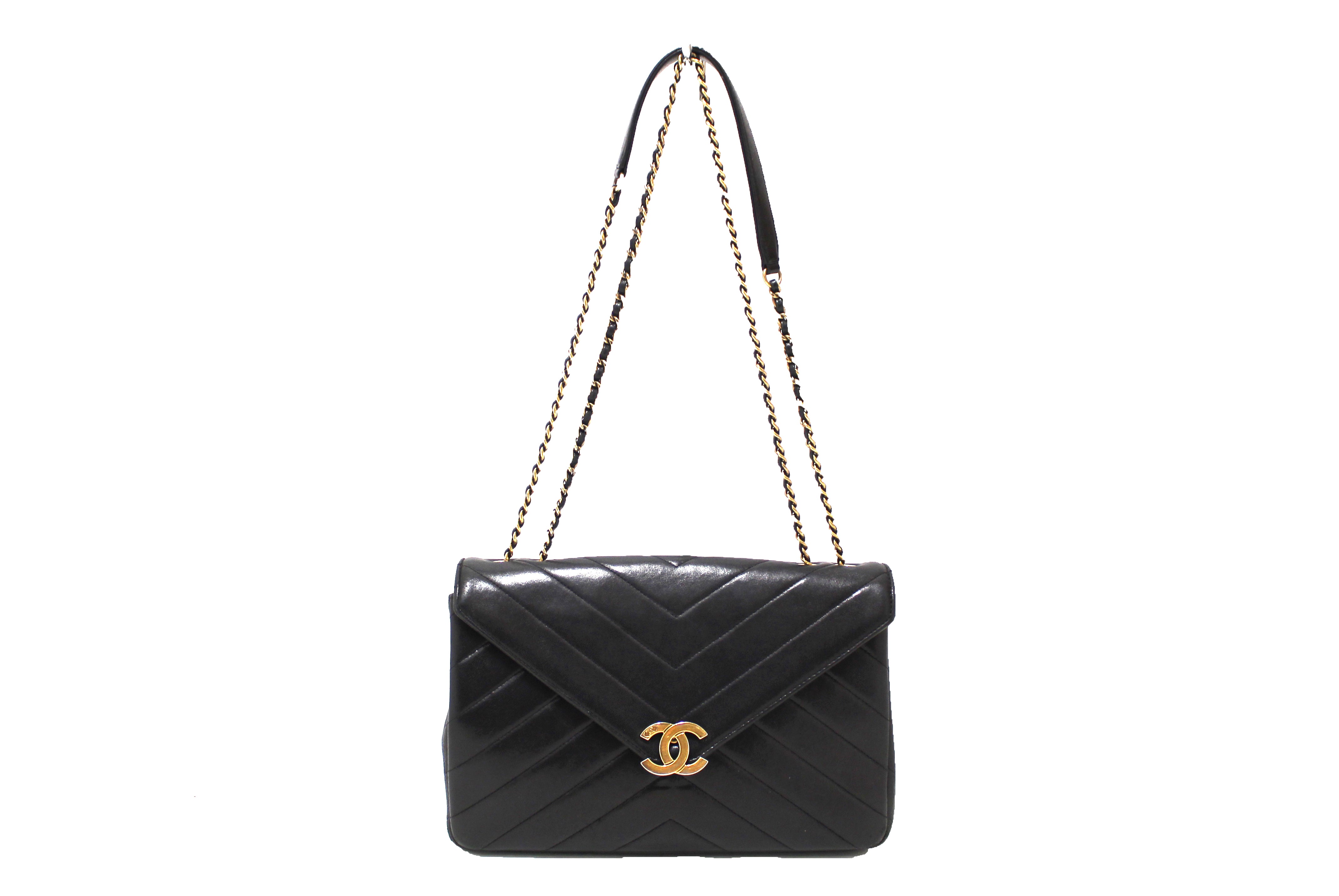 Authentic Chanel Black Quilted Lambskin Leather Reversed Chevron Flap Bag