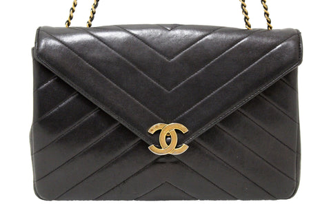 Authentic Chanel Black Quilted Lambskin Leather Reversed Chevron Flap Bag