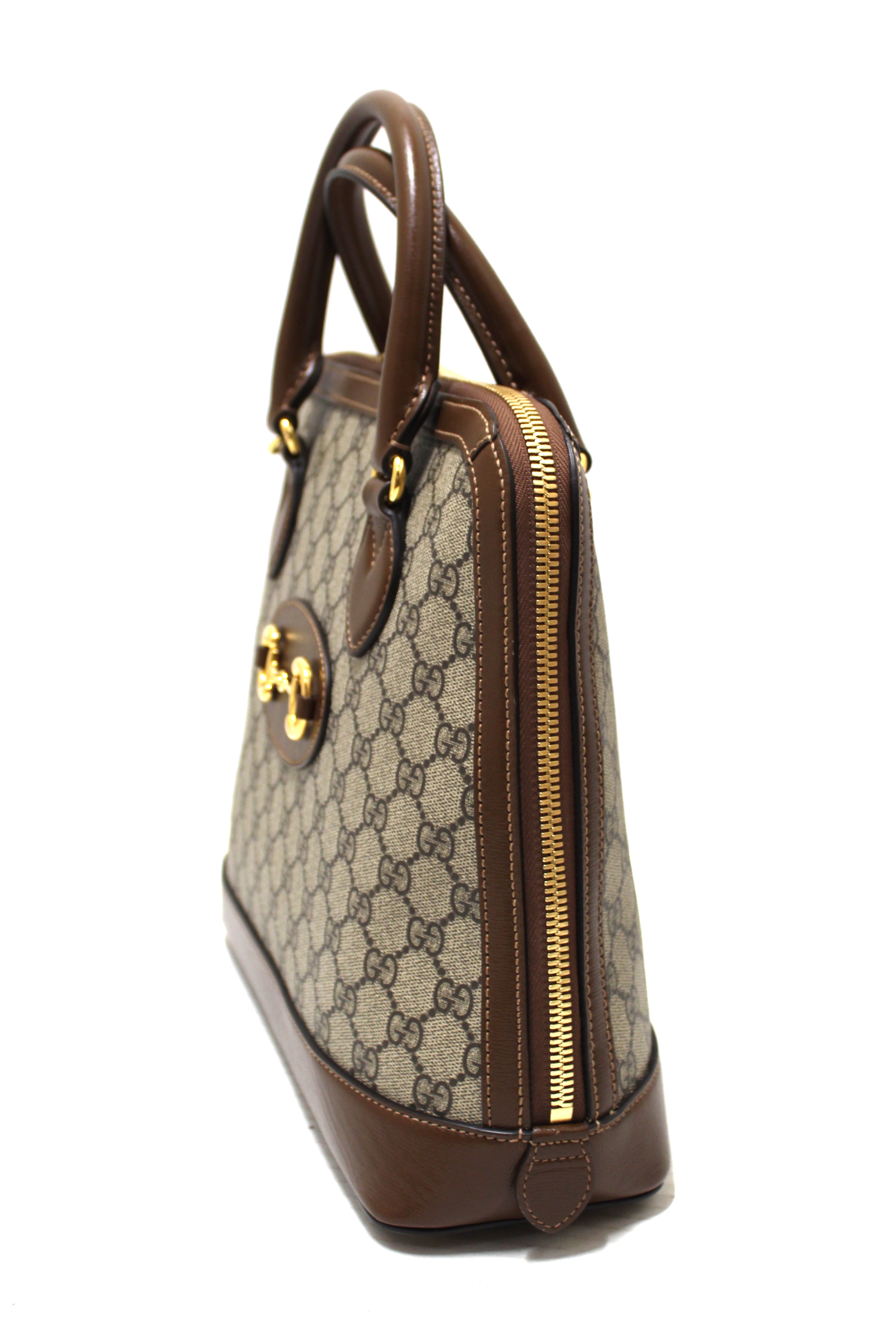 Authentic Gucci Brown Classic GG Supreme Horsebit 1955 Top Handle Bag