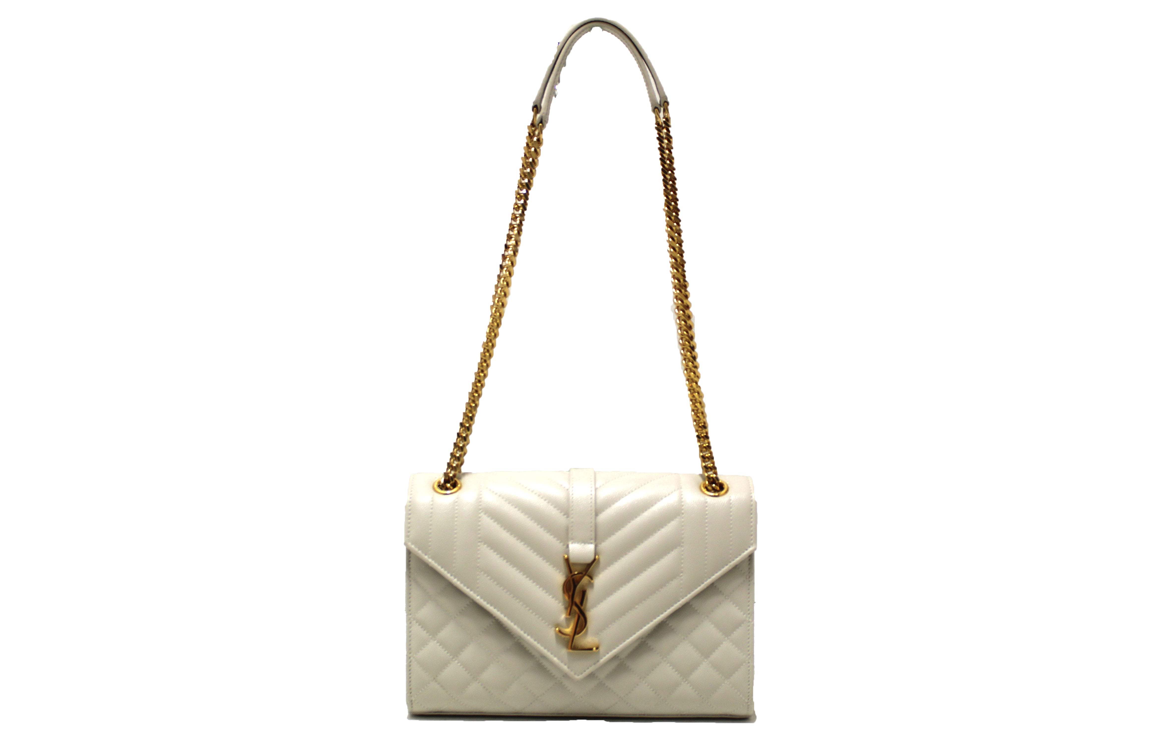 Authentic Saint Laurent White Matelasse Grain De Poudre Embossed Leather Medium Envelope Bag