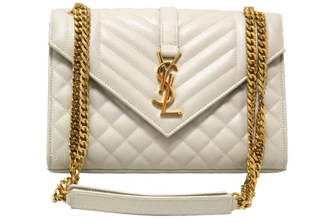 Authentic Saint Laurent White Matelasse Grain De Poudre Embossed Leather Medium Envelope Bag