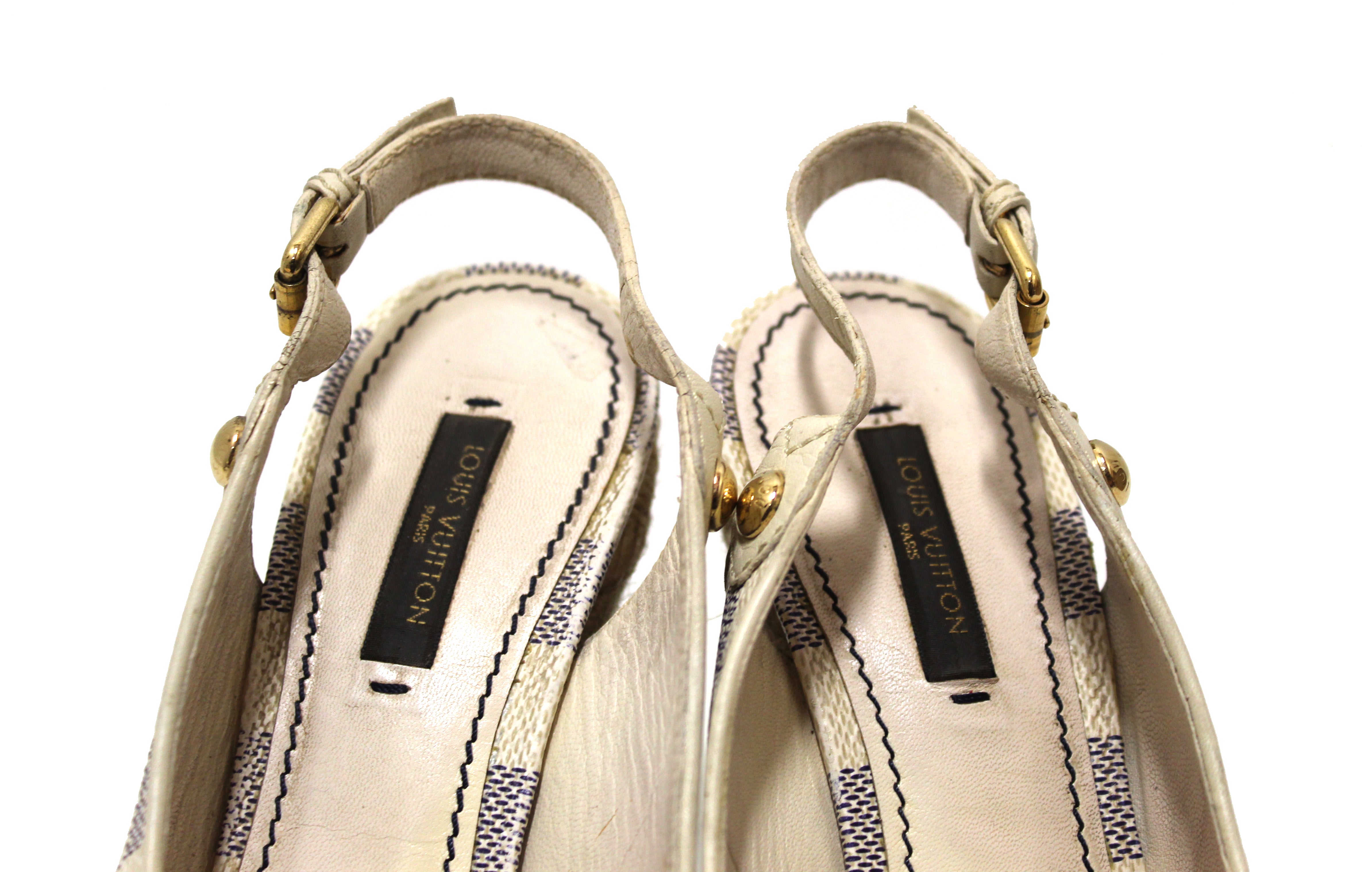 Louis Vuitton White Damier Azur Canvas Espadrille Platform Wedge Sandals  Size 36.5 Louis Vuitton