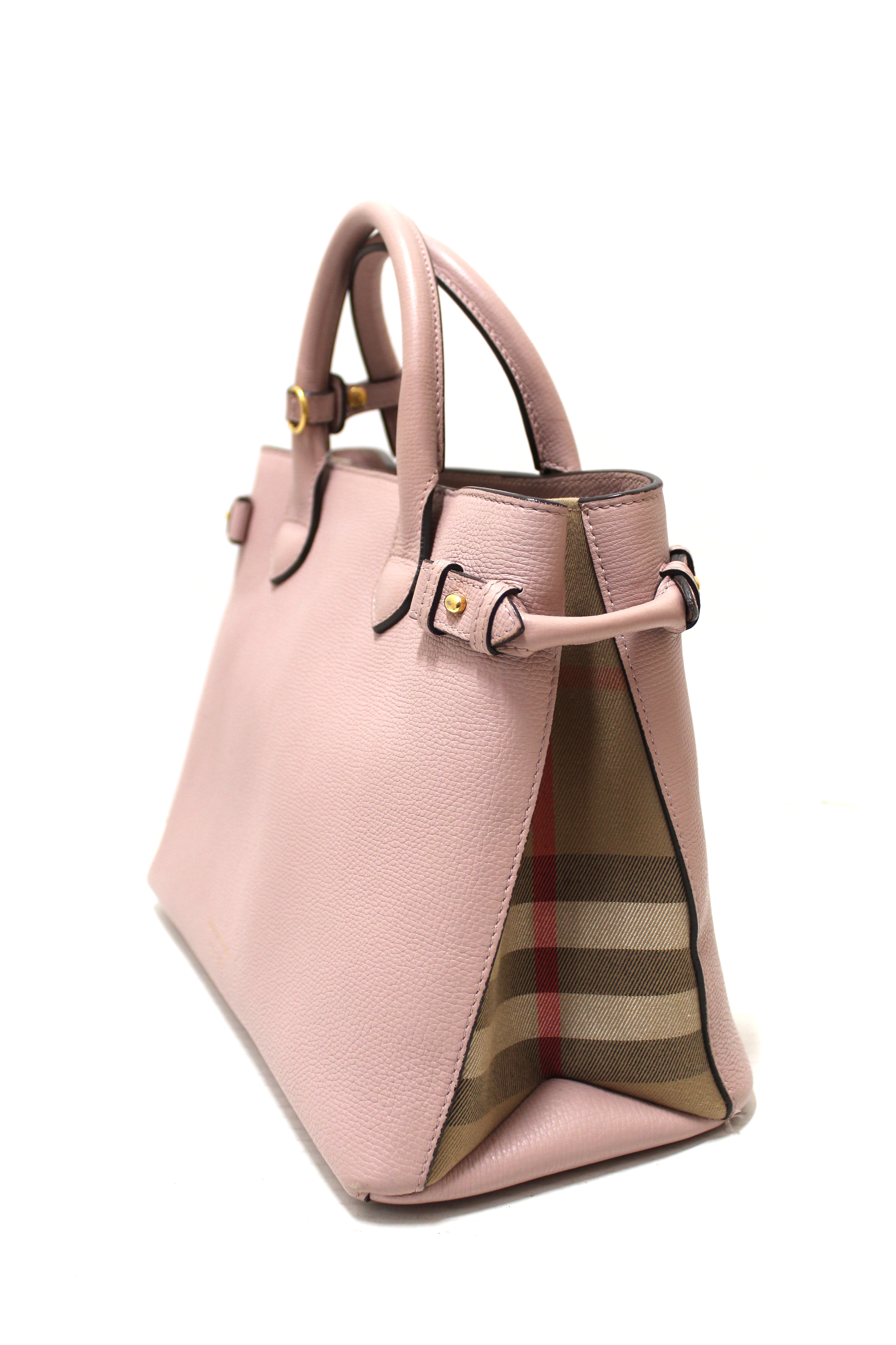 Burberry Blush Pink Leather and House Check Canvas Small Banner Tote  Burberry