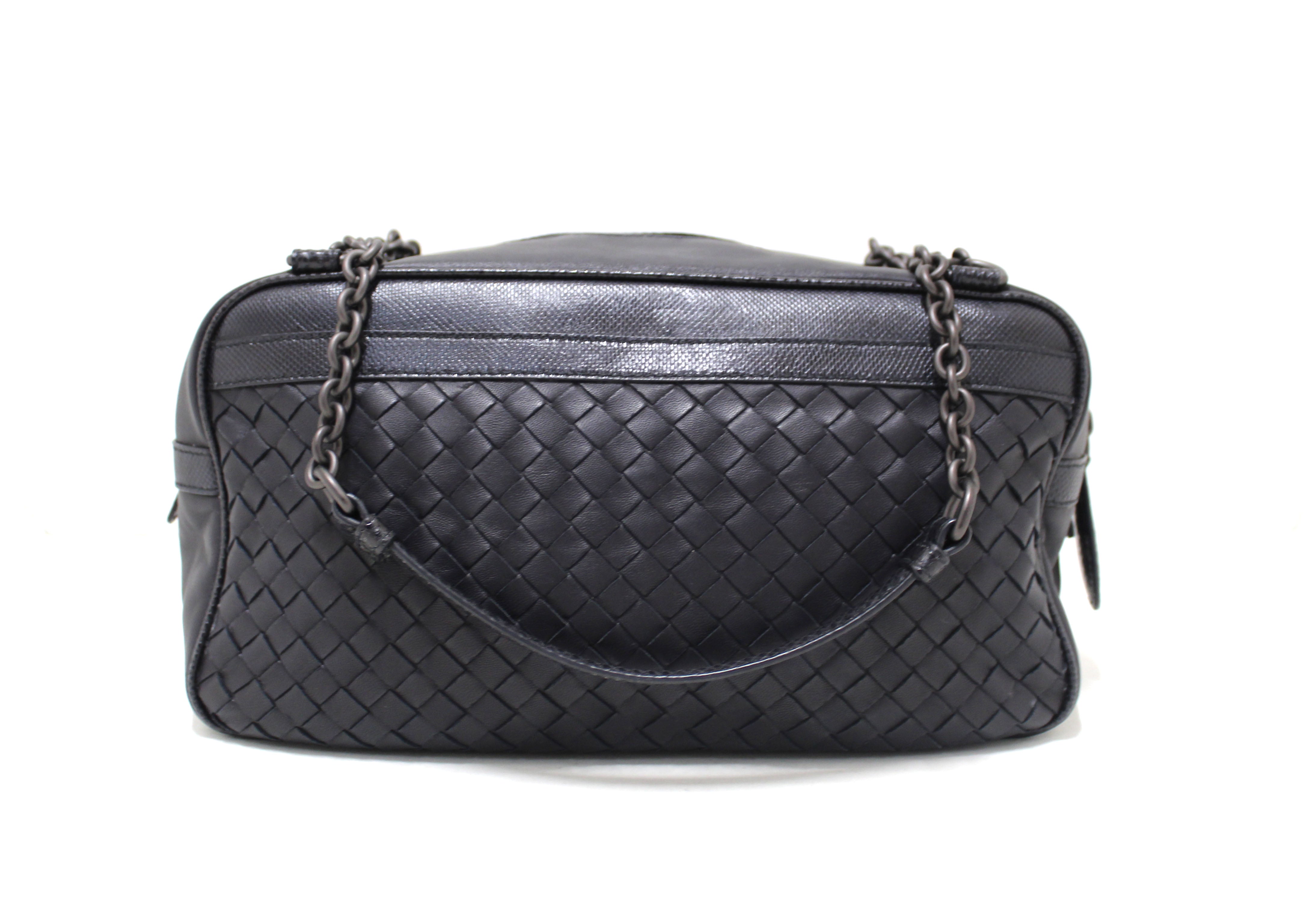 Authentic Bottega Veneta Black Nappa Intrecciato Woven Leather Double Chain Shoulder Bag