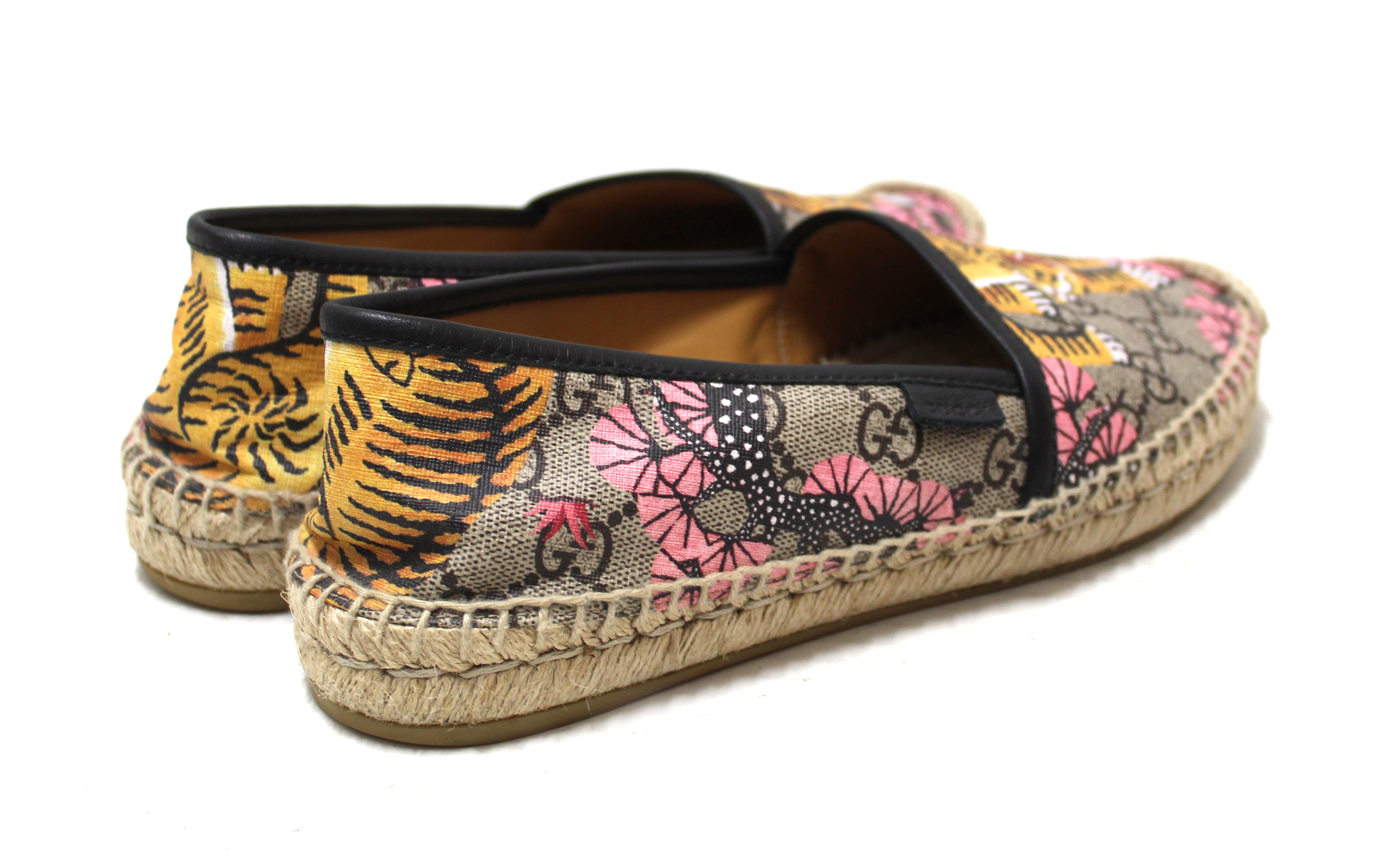 Authentic Gucci Tiger Bengal GG coated Canvas Espadrille Loafer Flats Shoes Size 37