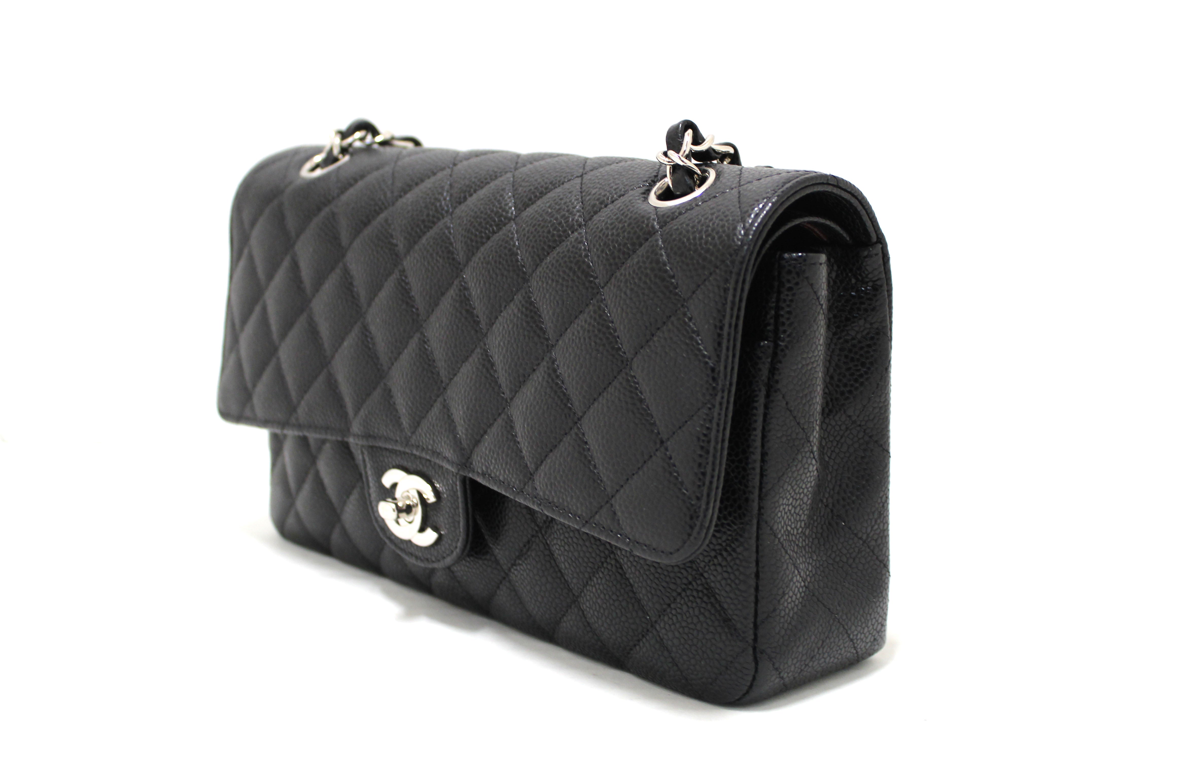 Authentic Chanel Classic Black Quilted Caviar Leather Classic