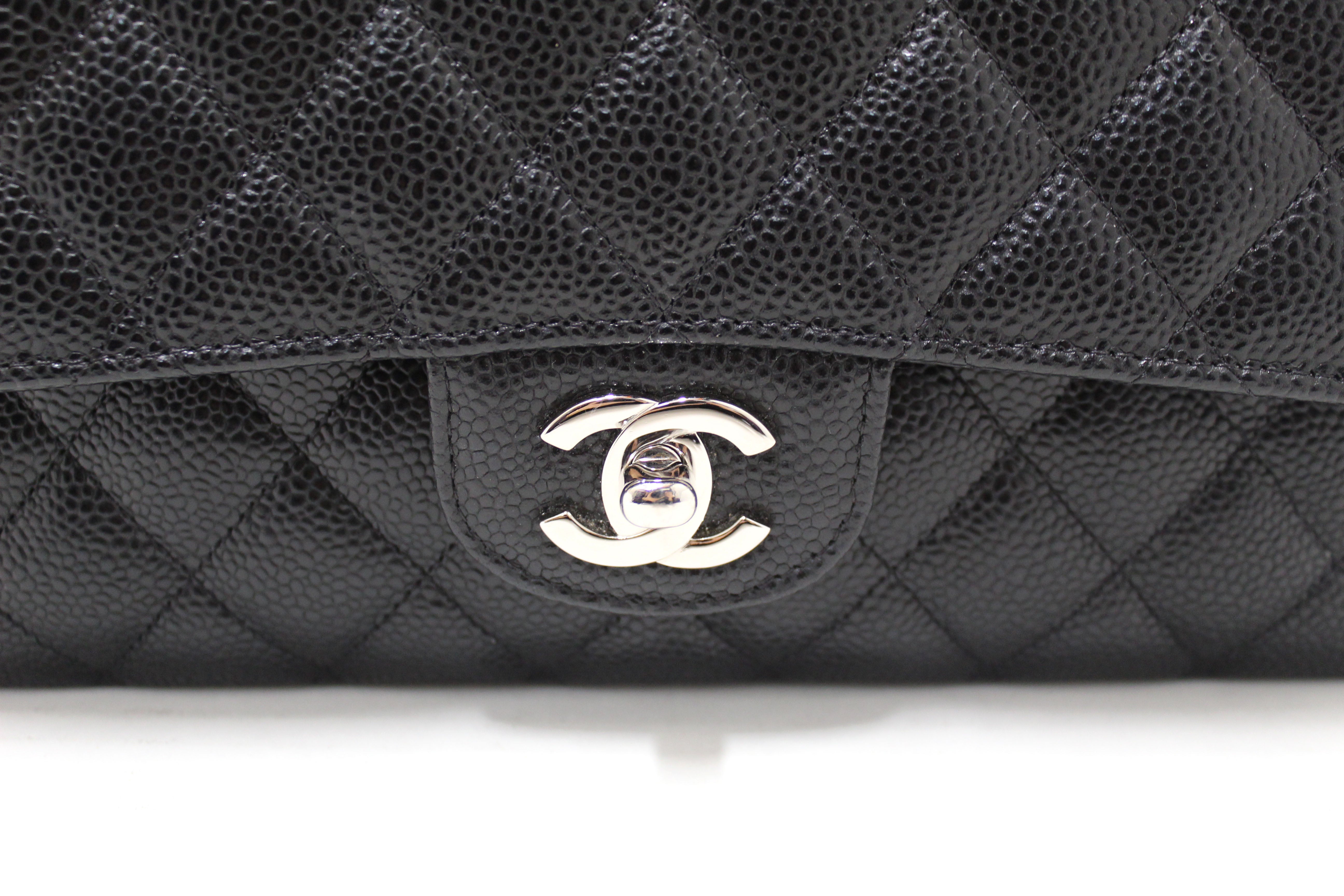 Authentic Chanel Classic Black Quilted Caviar Leather Classic