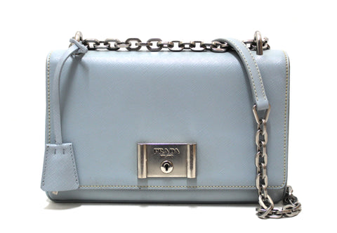 Authentic Prada Powder Blue Saffiano Leather Mini Bag With Chain Crossbody Bag