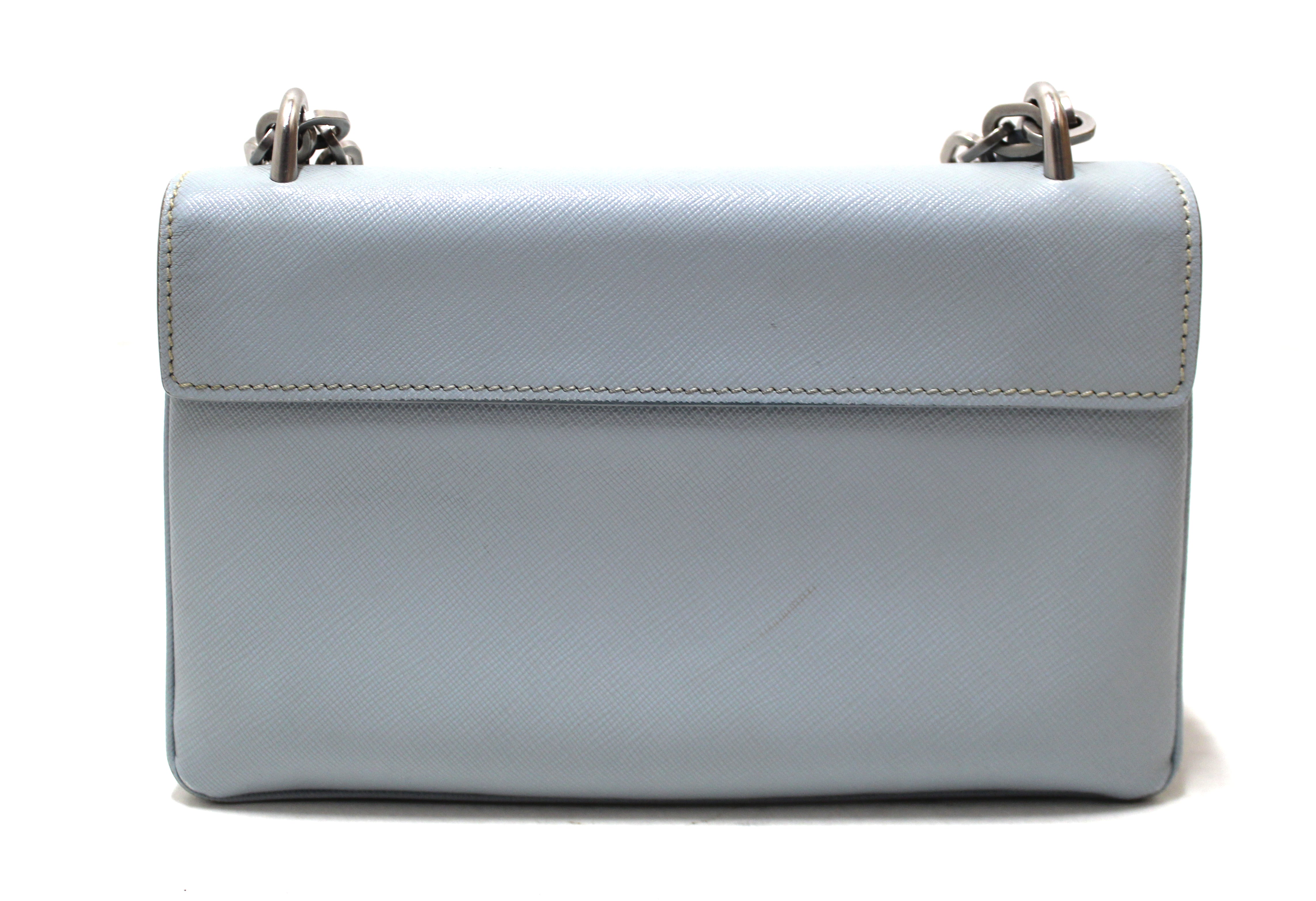 Authentic Prada Powder Blue Saffiano Leather Mini Bag With Chain Crossbody Bag