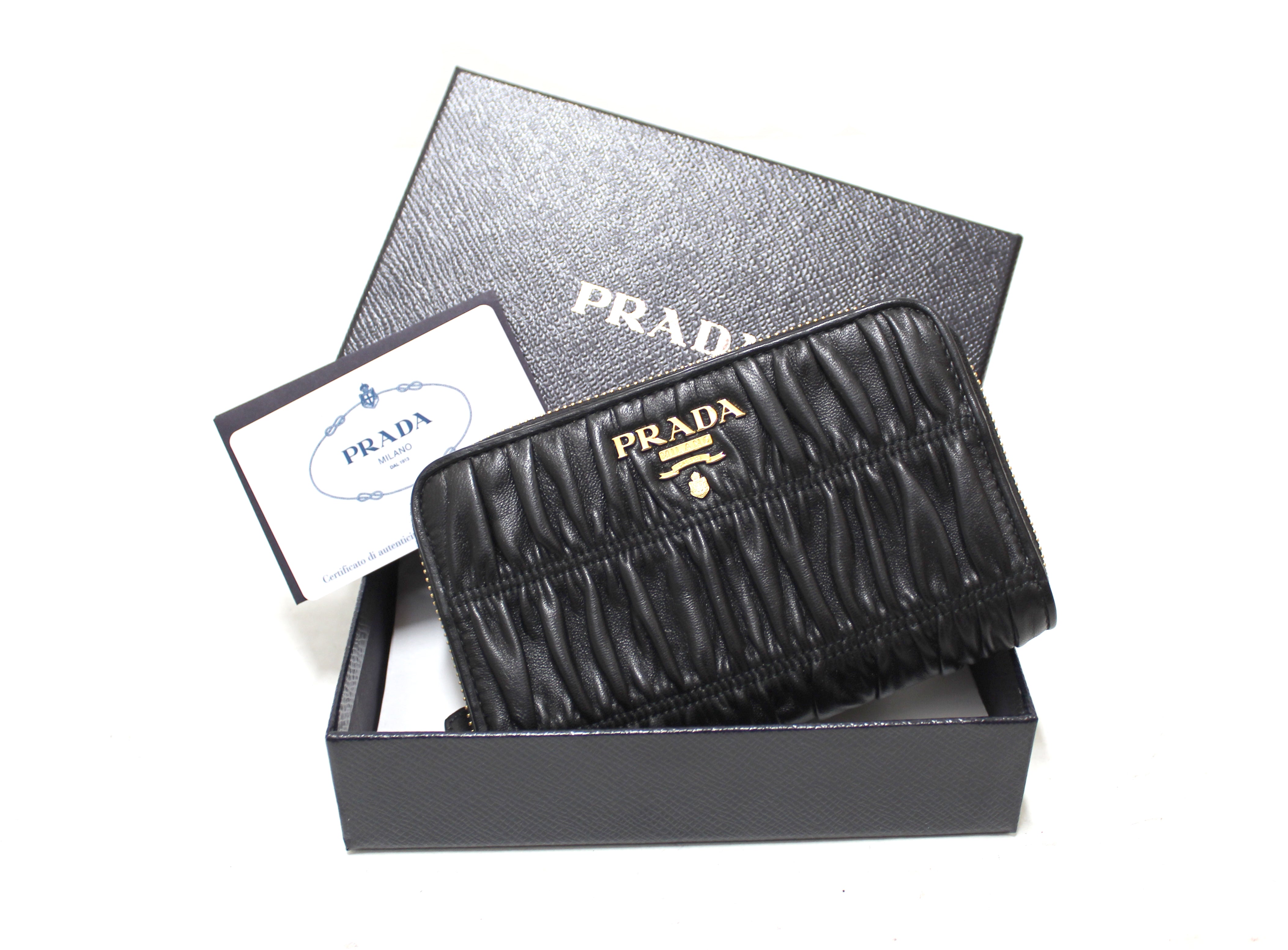 Authentic New Prada Black Nappa Gaufre Leather Small Zipper Wallet