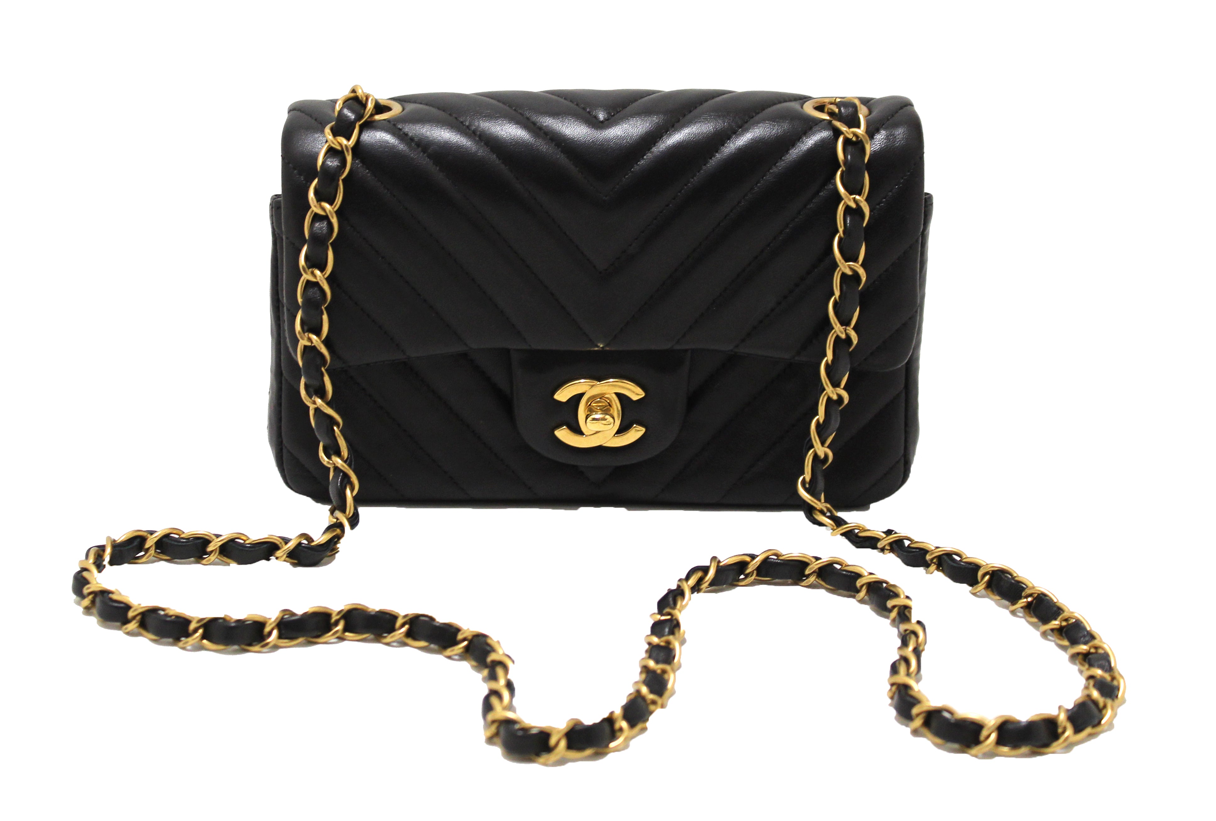 Authentic Chanel Black Chevron Lambskin Leather Classic Mini Rectangle Flap  Crossbody Bag