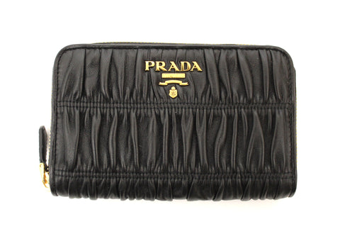 Authentic New Prada Black Nappa Gaufre Leather Small Zipper Wallet