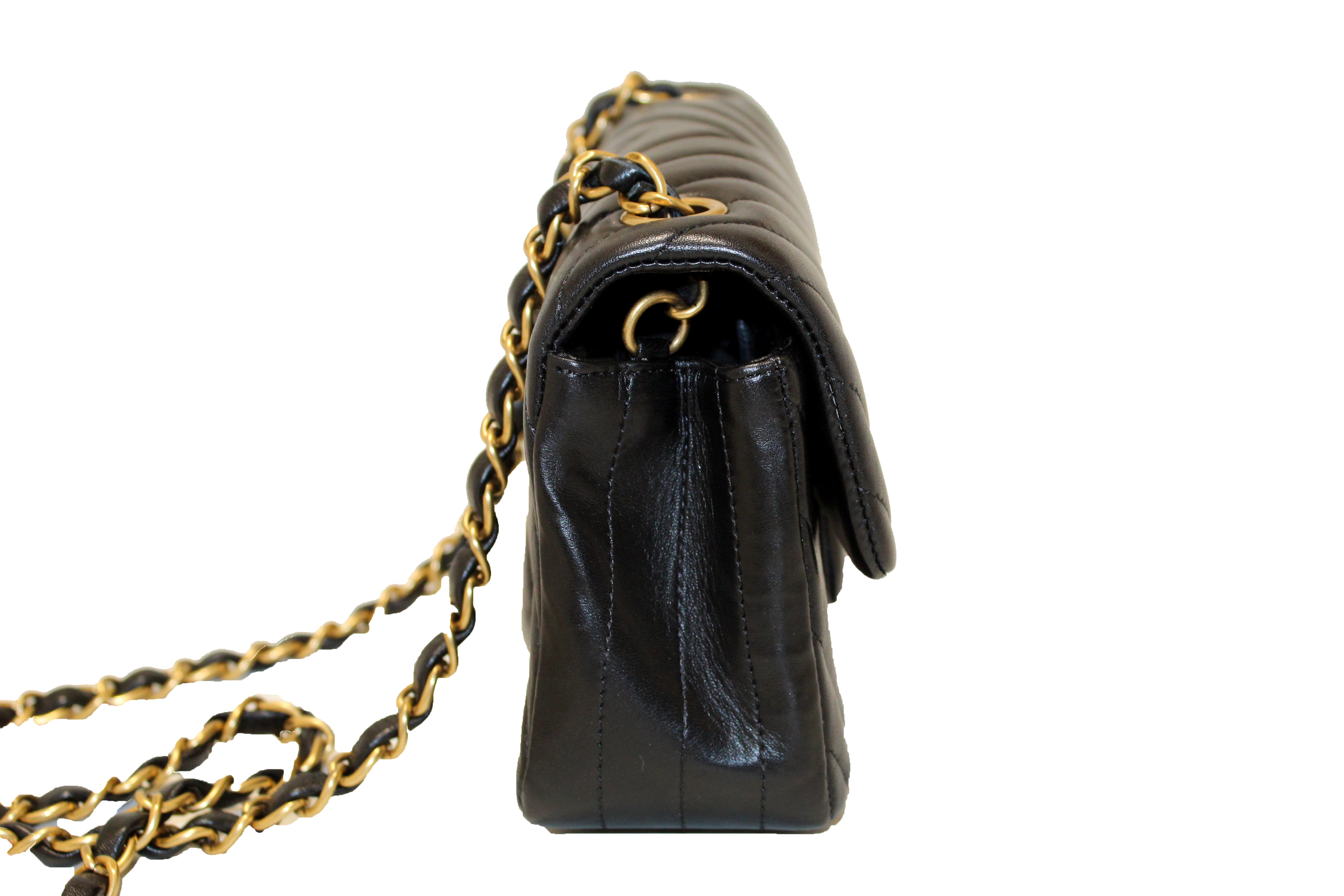 Authentic Chanel Black Chevron Lambskin Leather Classic Mini Rectangle Flap Crossbody Bag