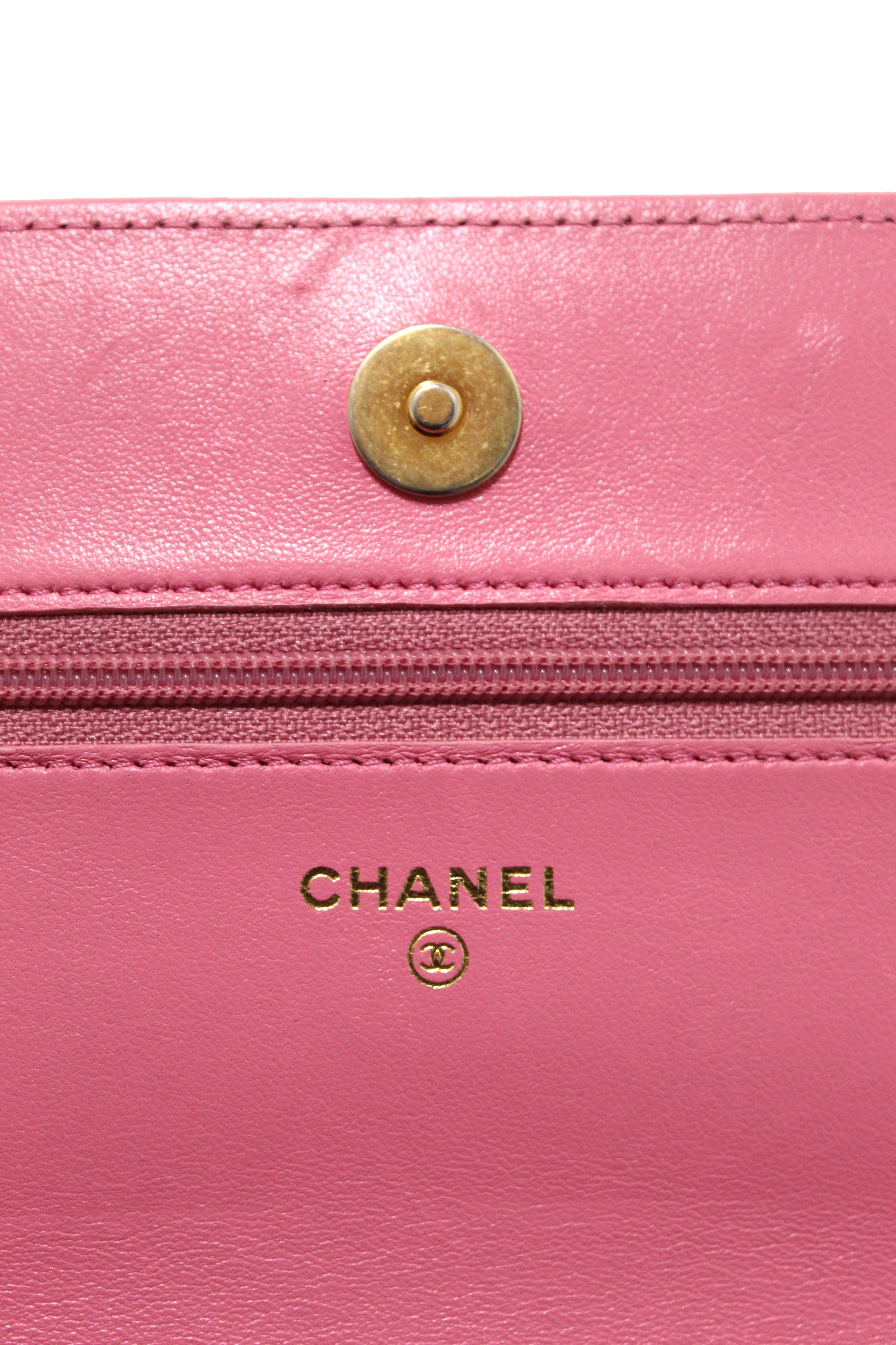 Authentic Chanel 19 Wallet On Chain WOC Pink Lambskin Leather