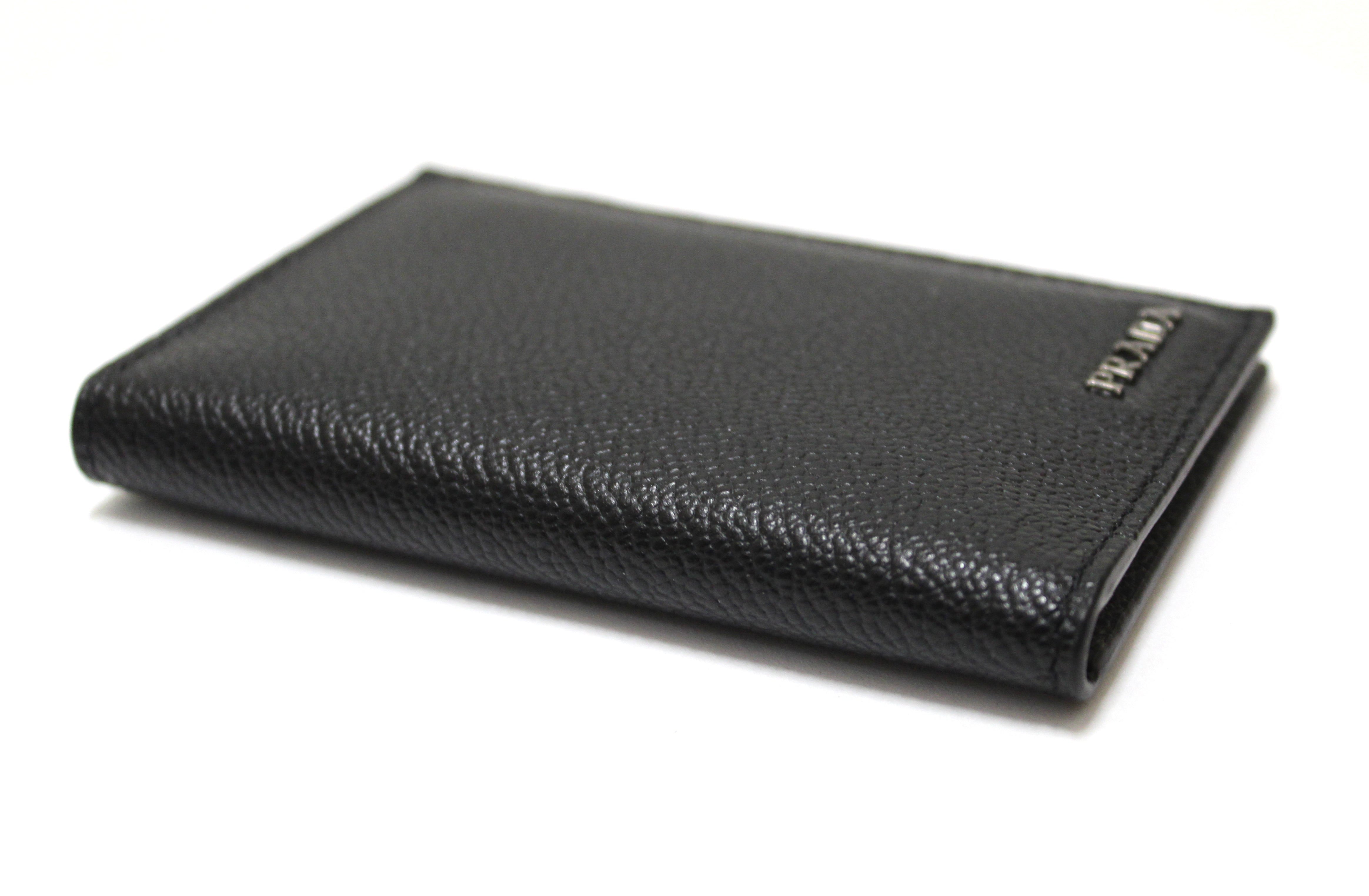 Authentic New Prada Black Calfskin Micro-Grained Leather Bifold Card Holder