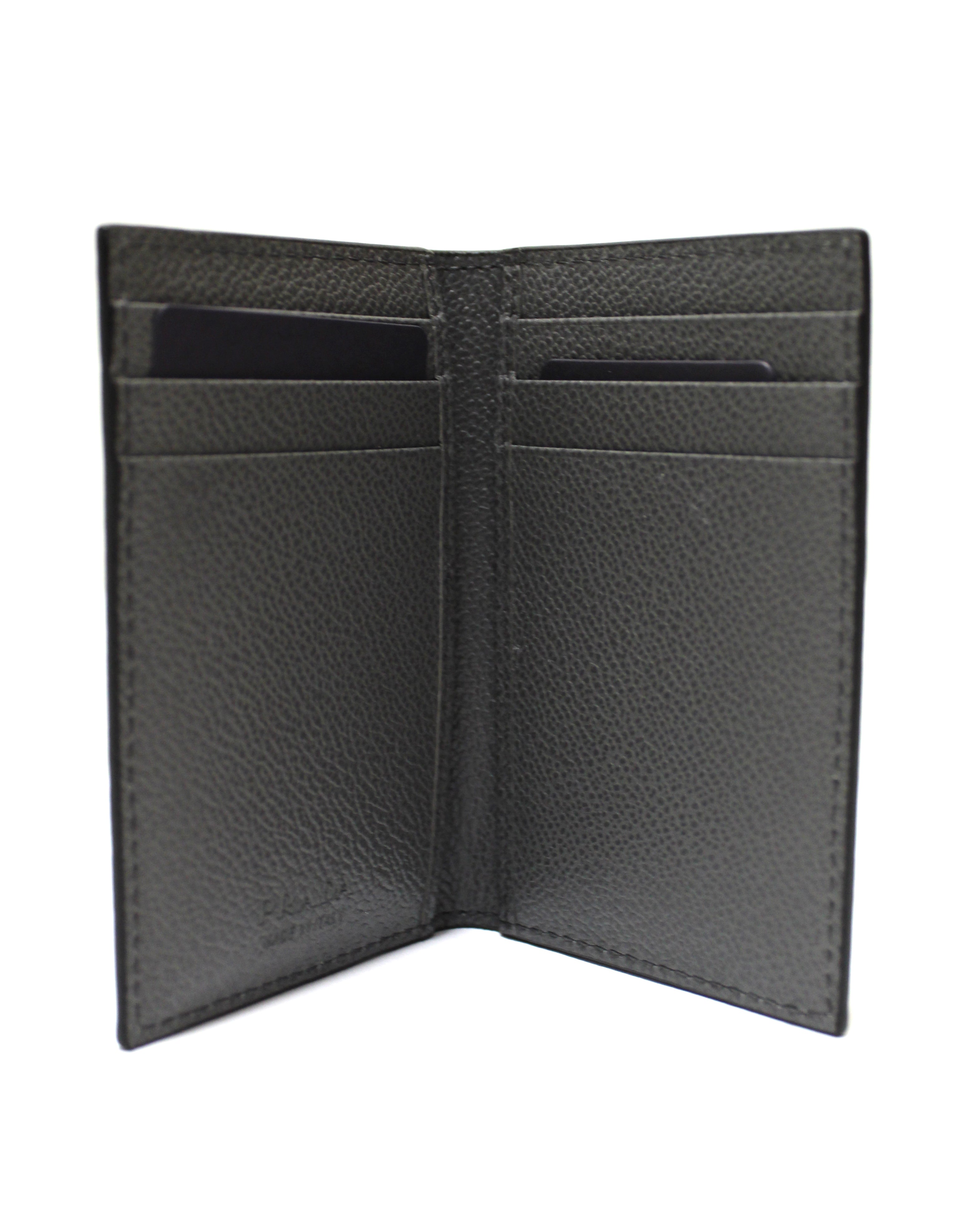 Authentic New Prada Black Calfskin Micro-Grained Leather Bifold Card Holder