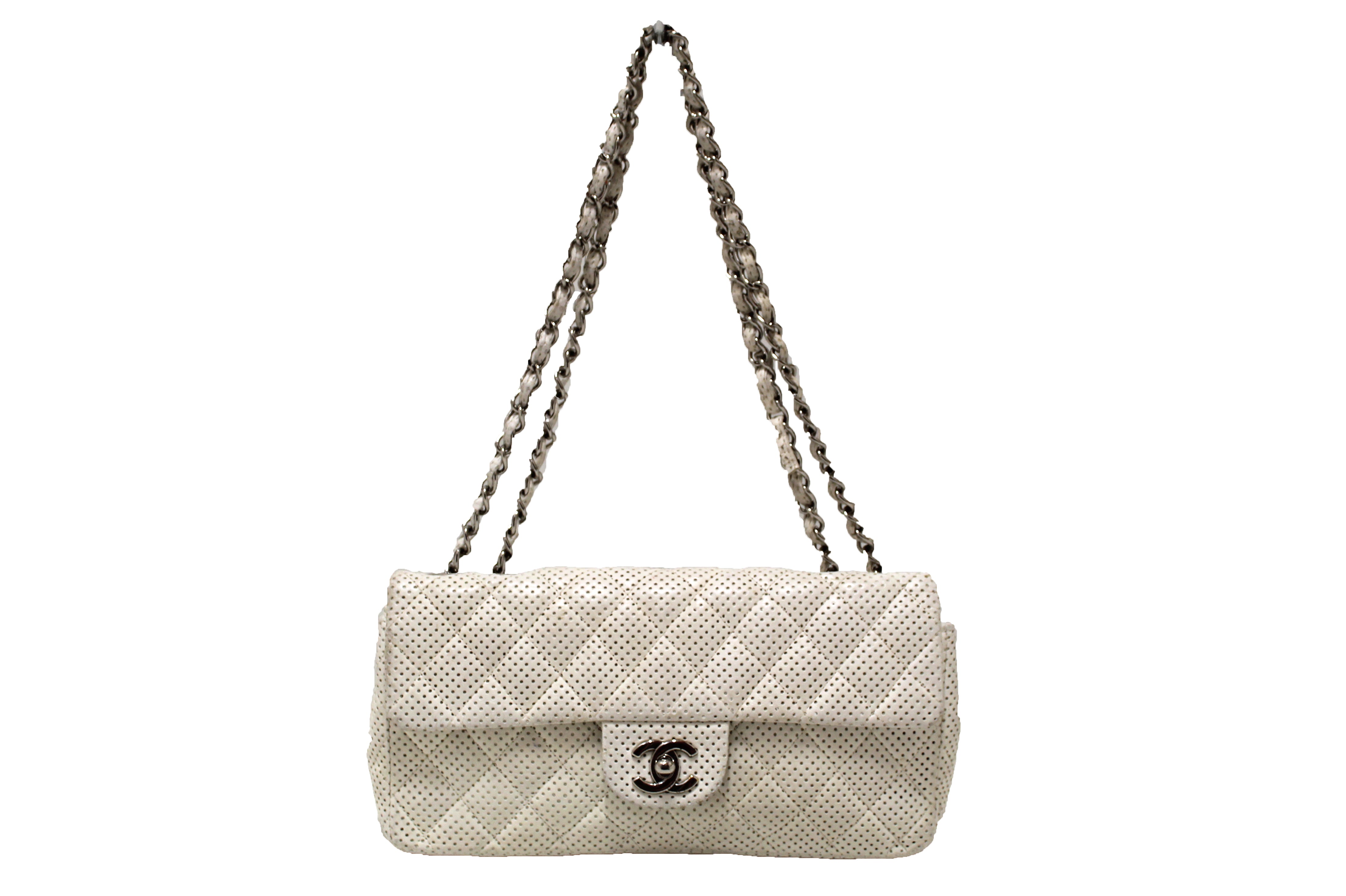 Authentic Chanel Quilted Perforated White Lambskin East West Flap
