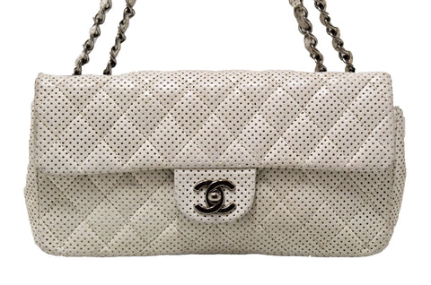 Authentic Chanel Quilted Perforated White Lambskin East West Flap Shoulder Bag