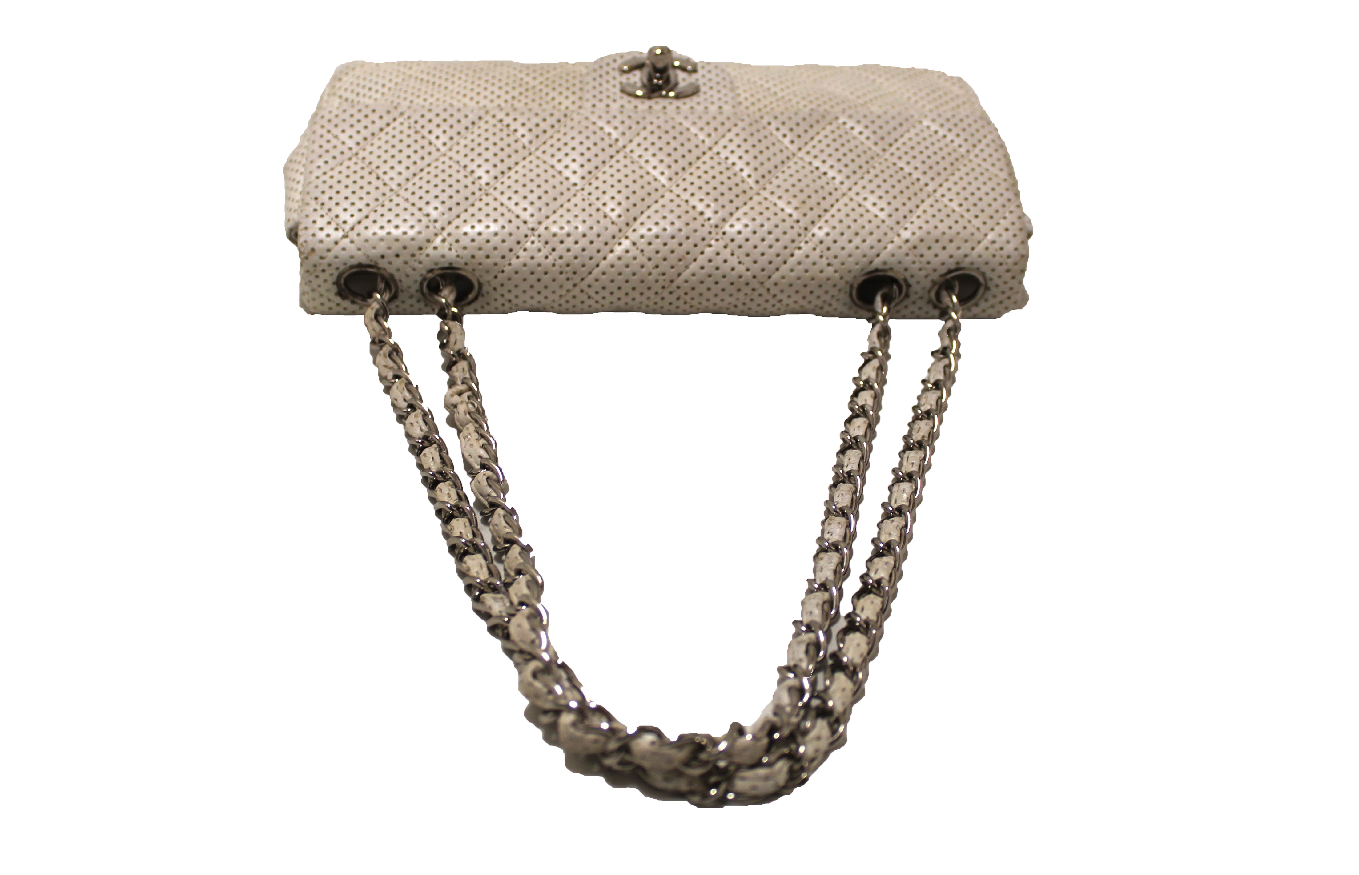 Authentic Chanel Quilted Perforated White Lambskin East West Flap Shou –  Paris Station Shop