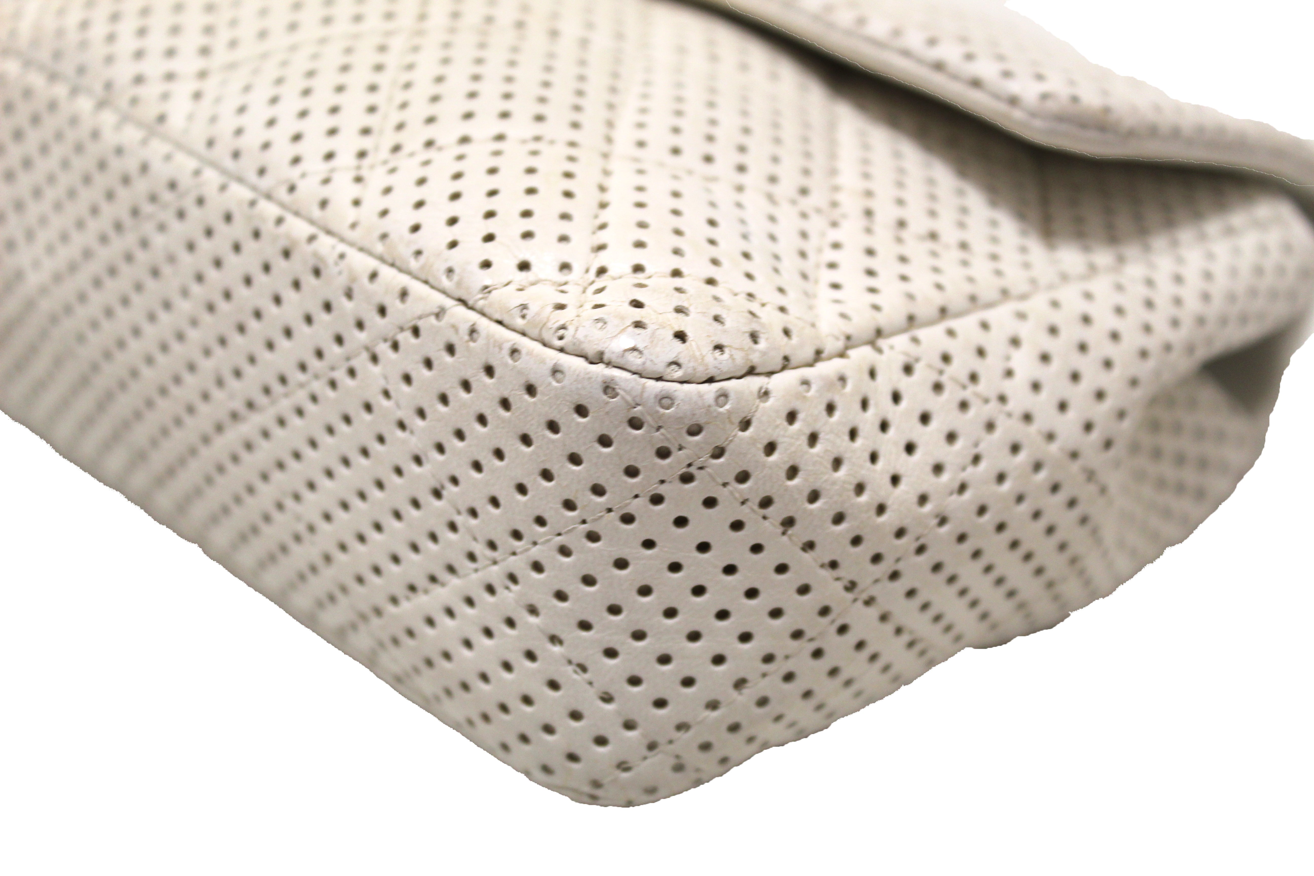 Authentic Chanel Quilted Perforated White Lambskin East West Flap Shoulder Bag